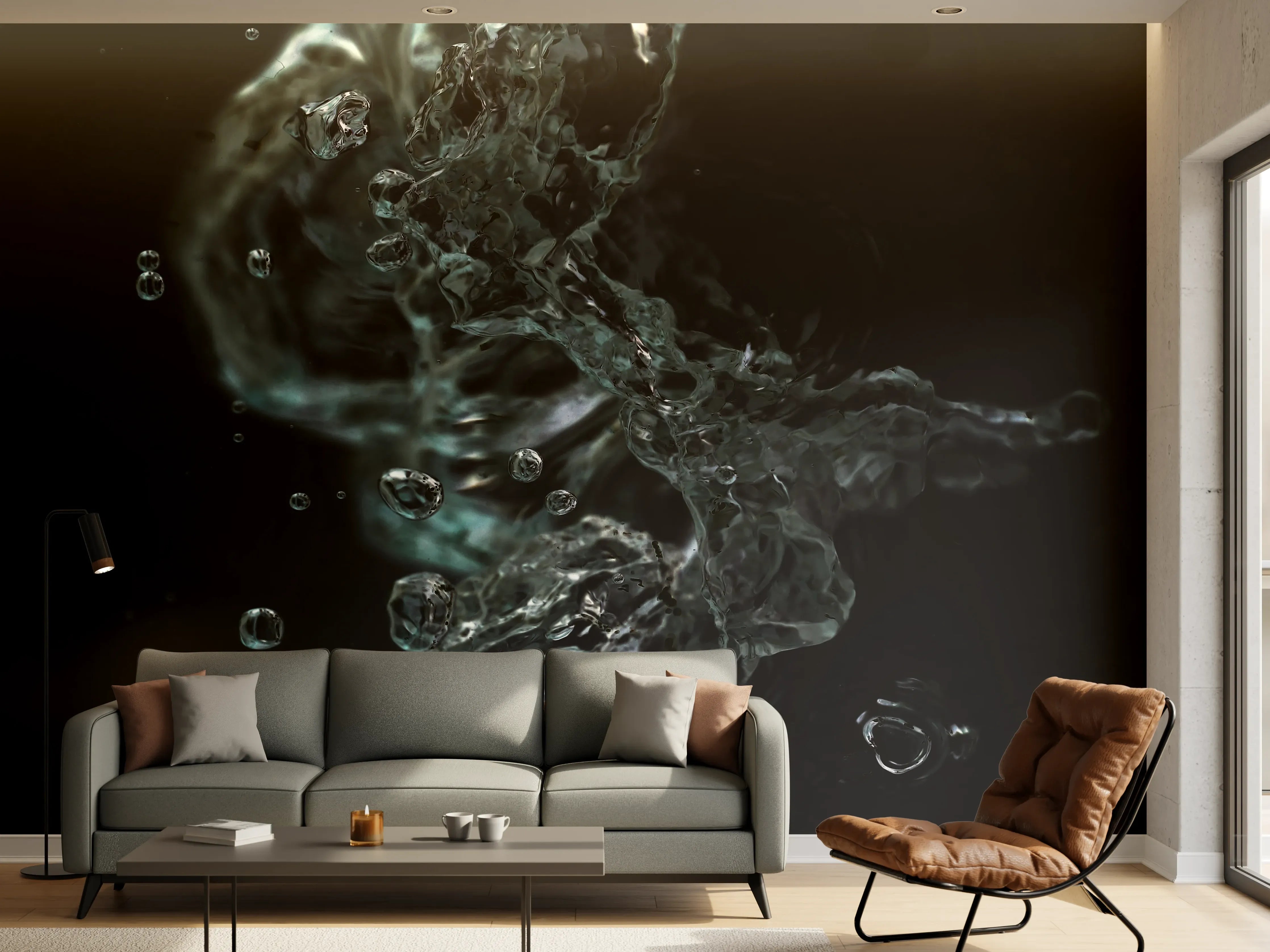 Wandverkleidung Wohnzimmer - Dynamisches Wasserbild mit dunklem Hintergrund