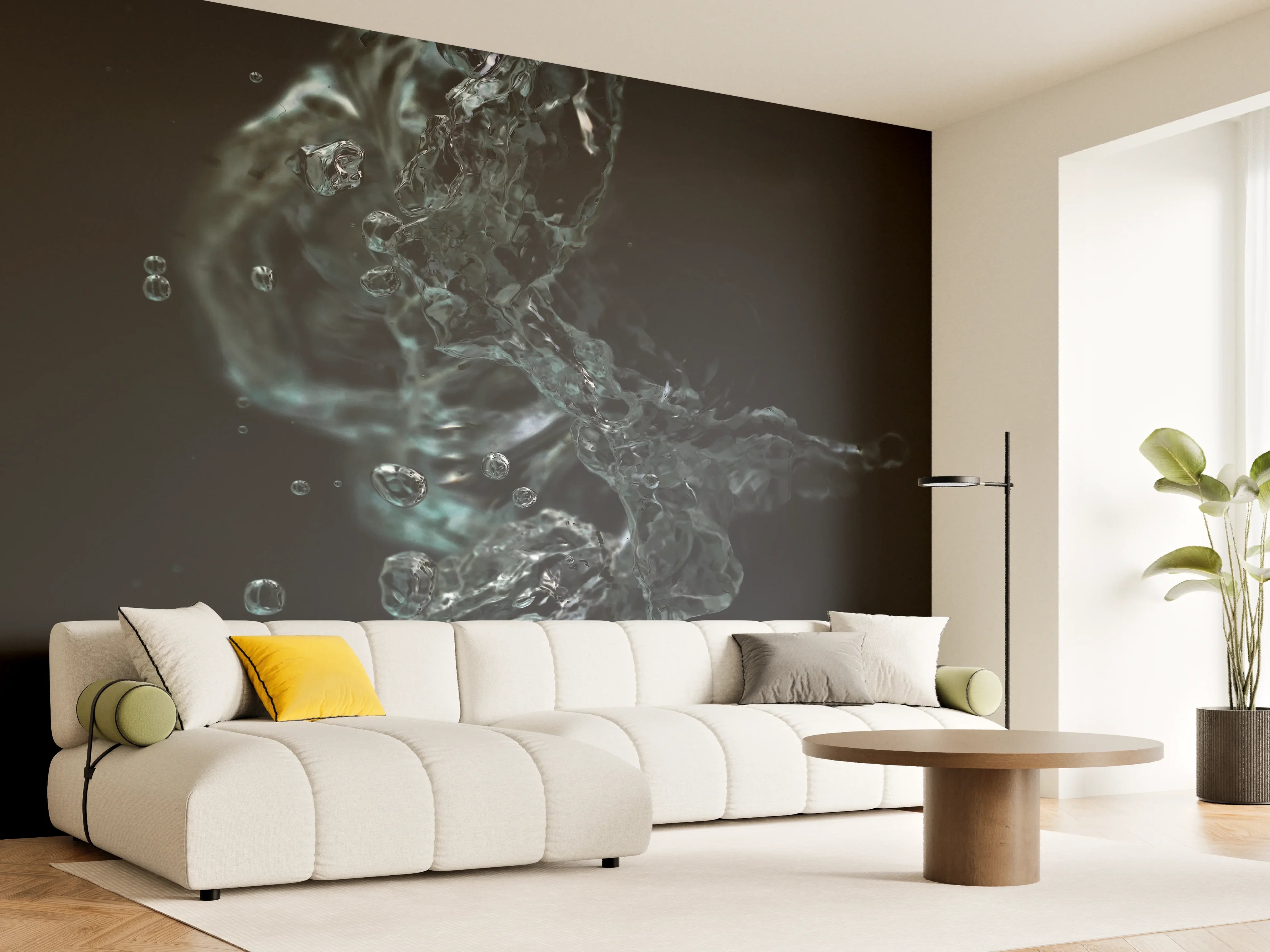 Wandverkleidung Wohnzimmer - Dynamisches Wasserbild mit dunklem Hintergrund