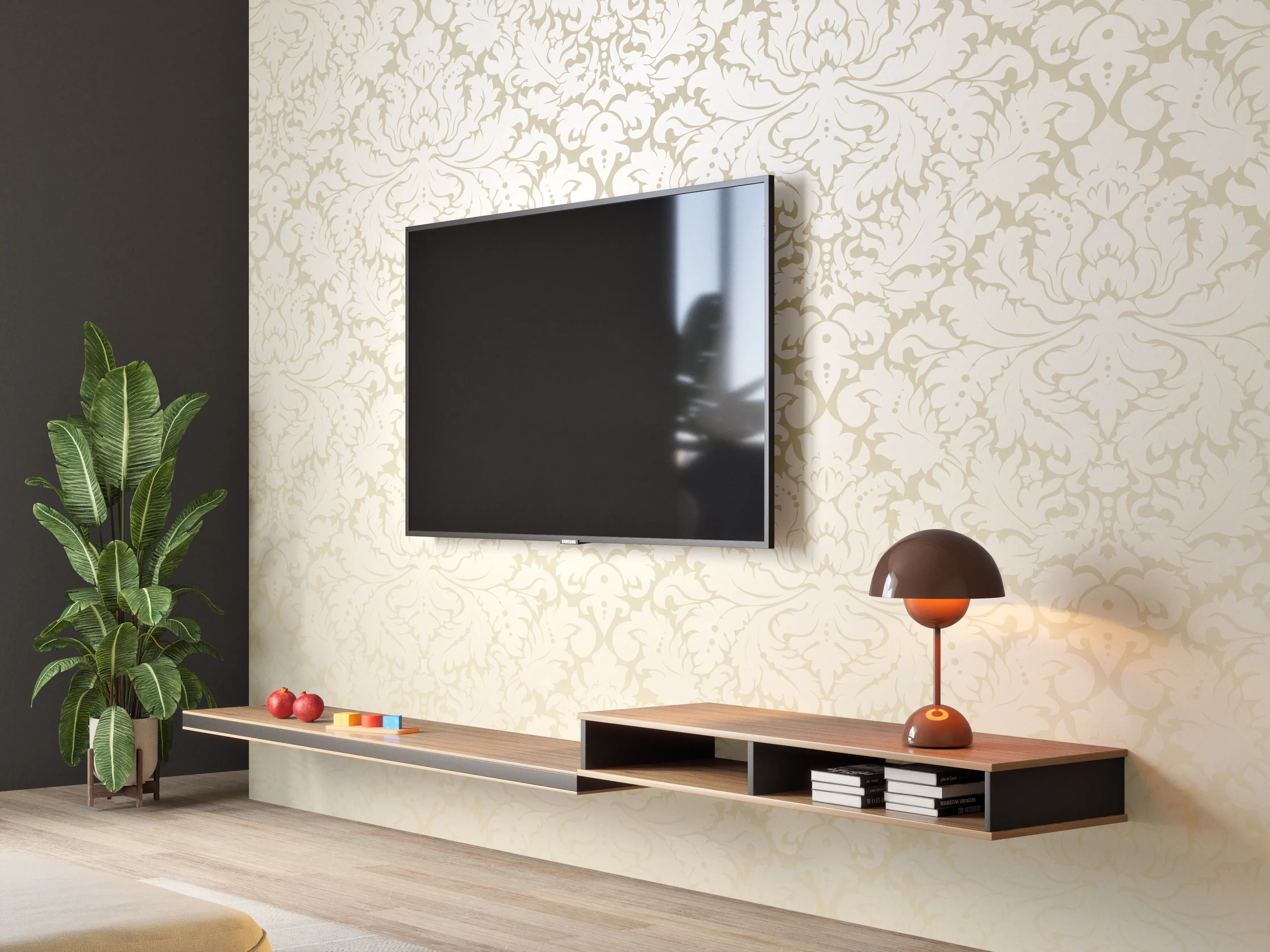 Wandverkleidung Wohnzimmer - Edle Creme-Gold Damast-Tapete