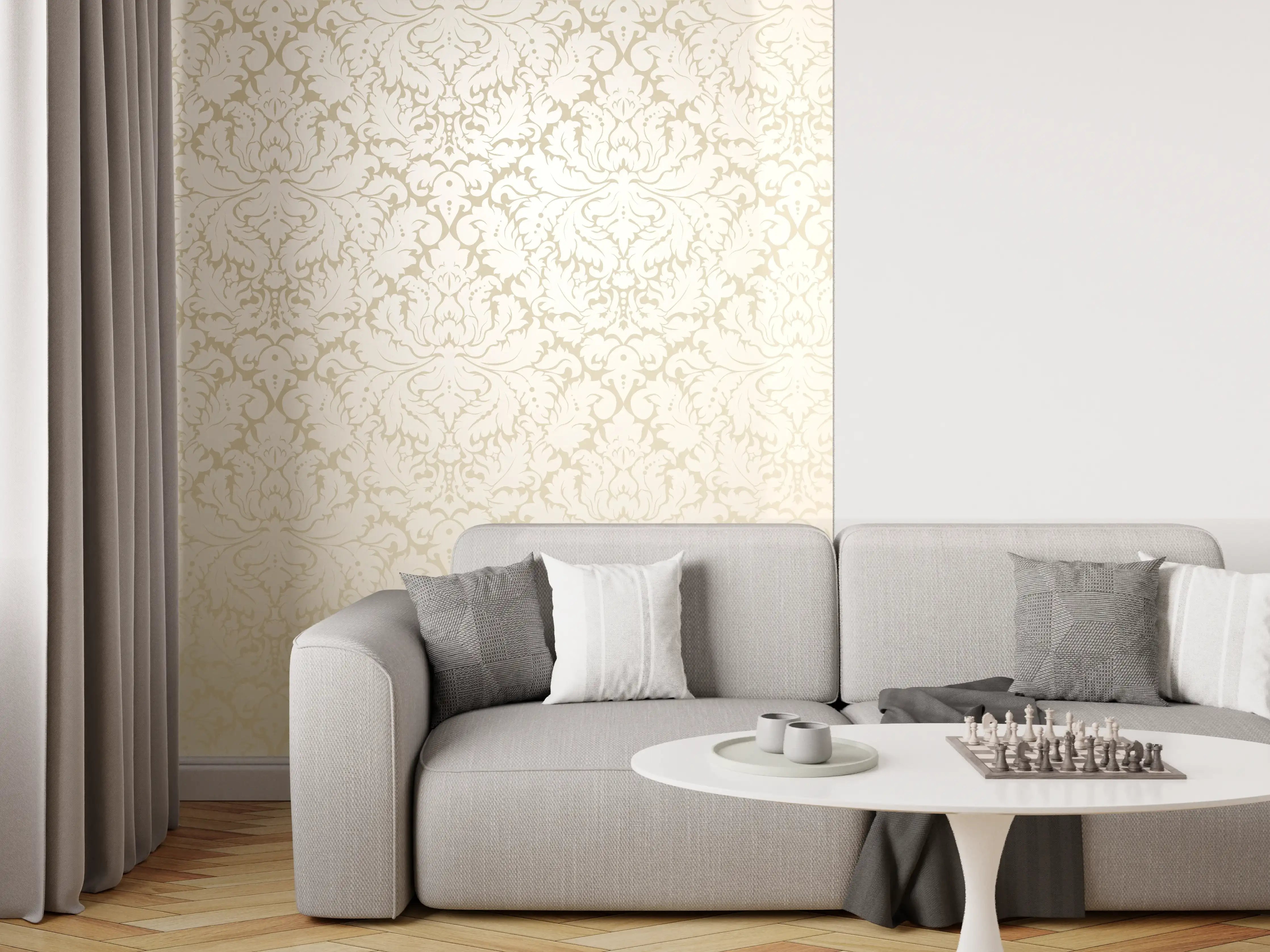 Wandverkleidung Wohnzimmer - Edle Creme-Gold Damast-Tapete