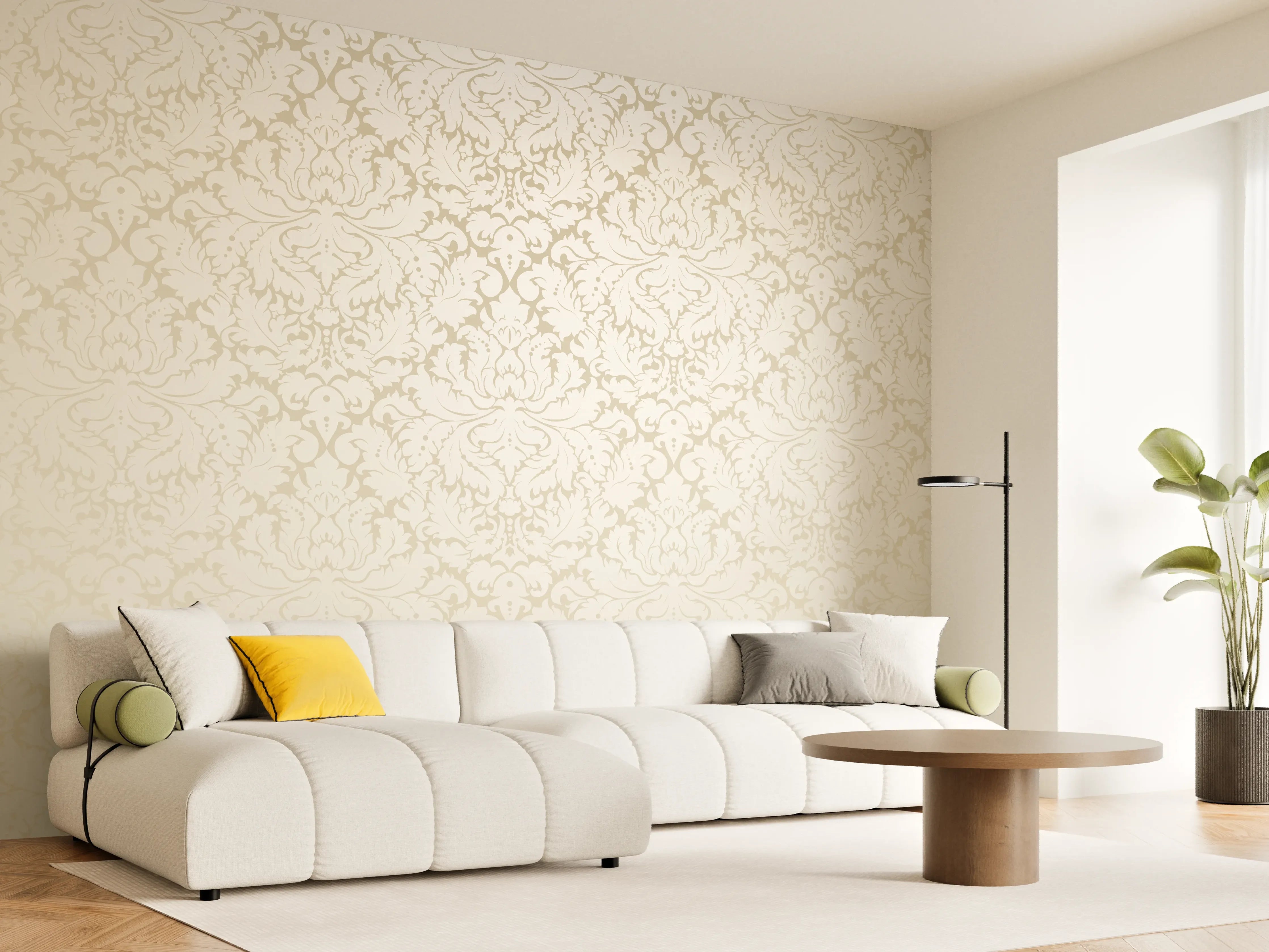 Wandverkleidung Wohnzimmer - Edle Creme-Gold Damast-Tapete