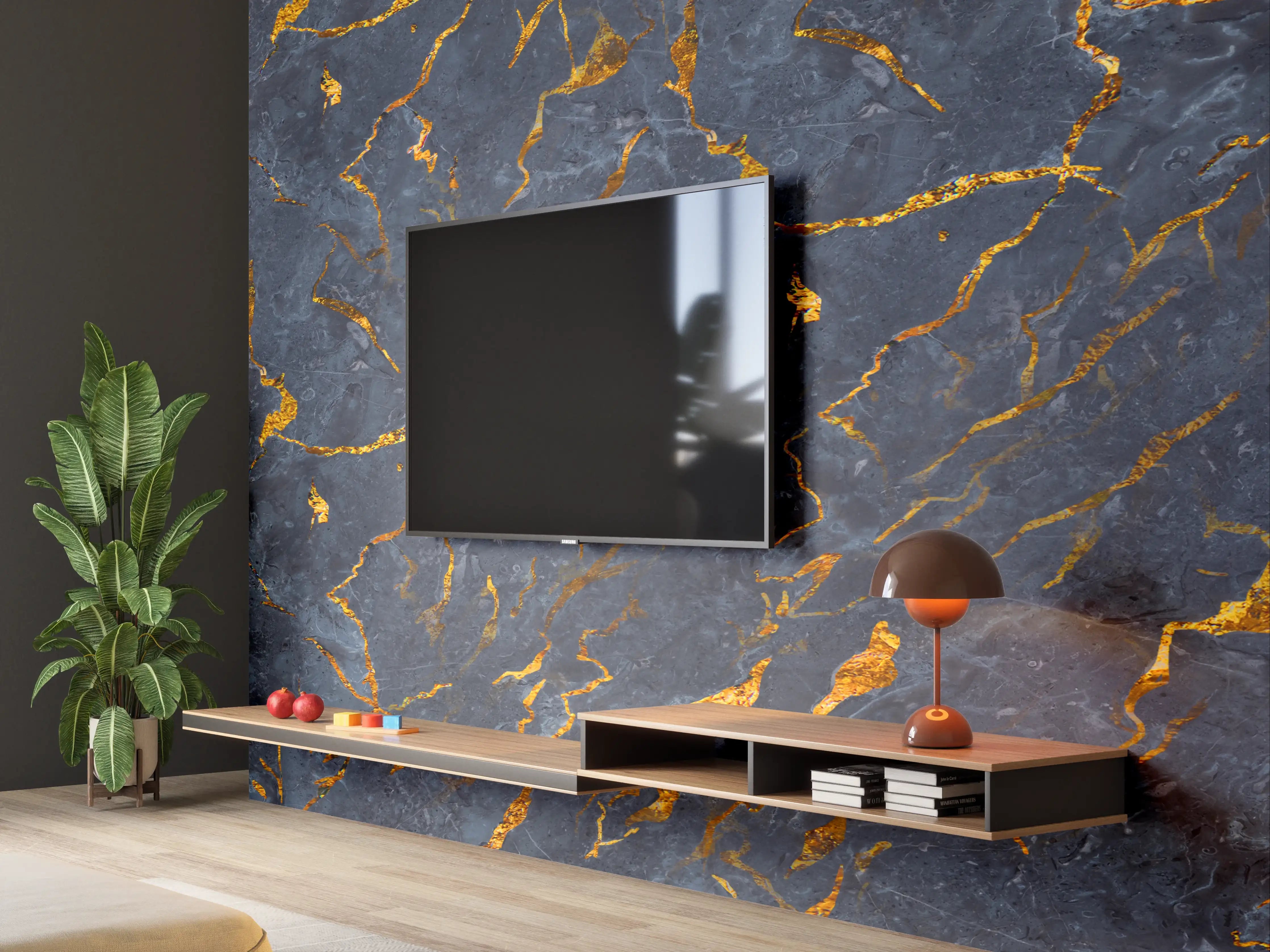 Wandverkleidung Wohnzimmer - Edler Marmor mit Goldadern - Luxuriöse Oberfläche