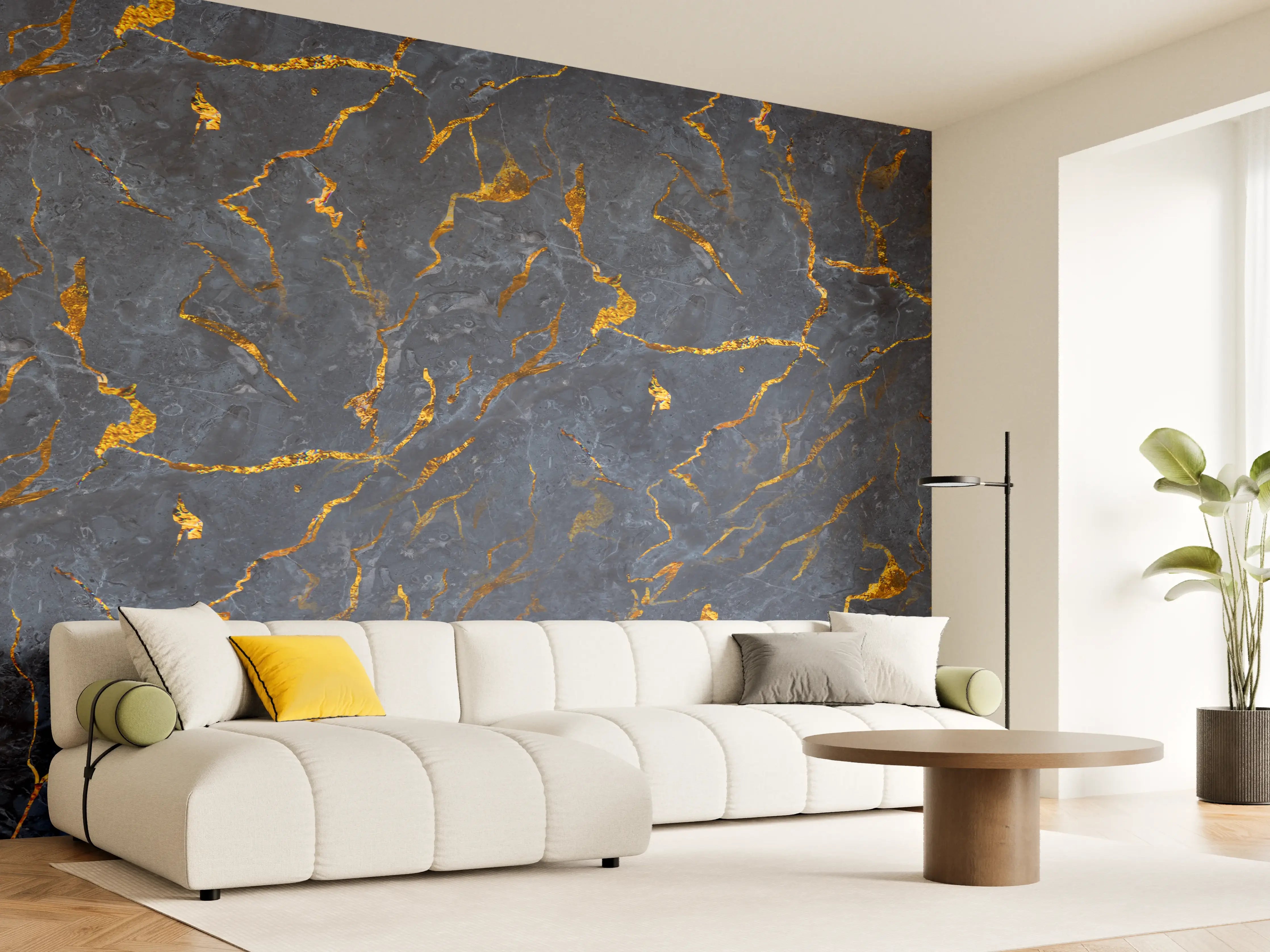 Wandverkleidung Wohnzimmer - Edler Marmor mit Goldadern - Luxuriöse Oberfläche