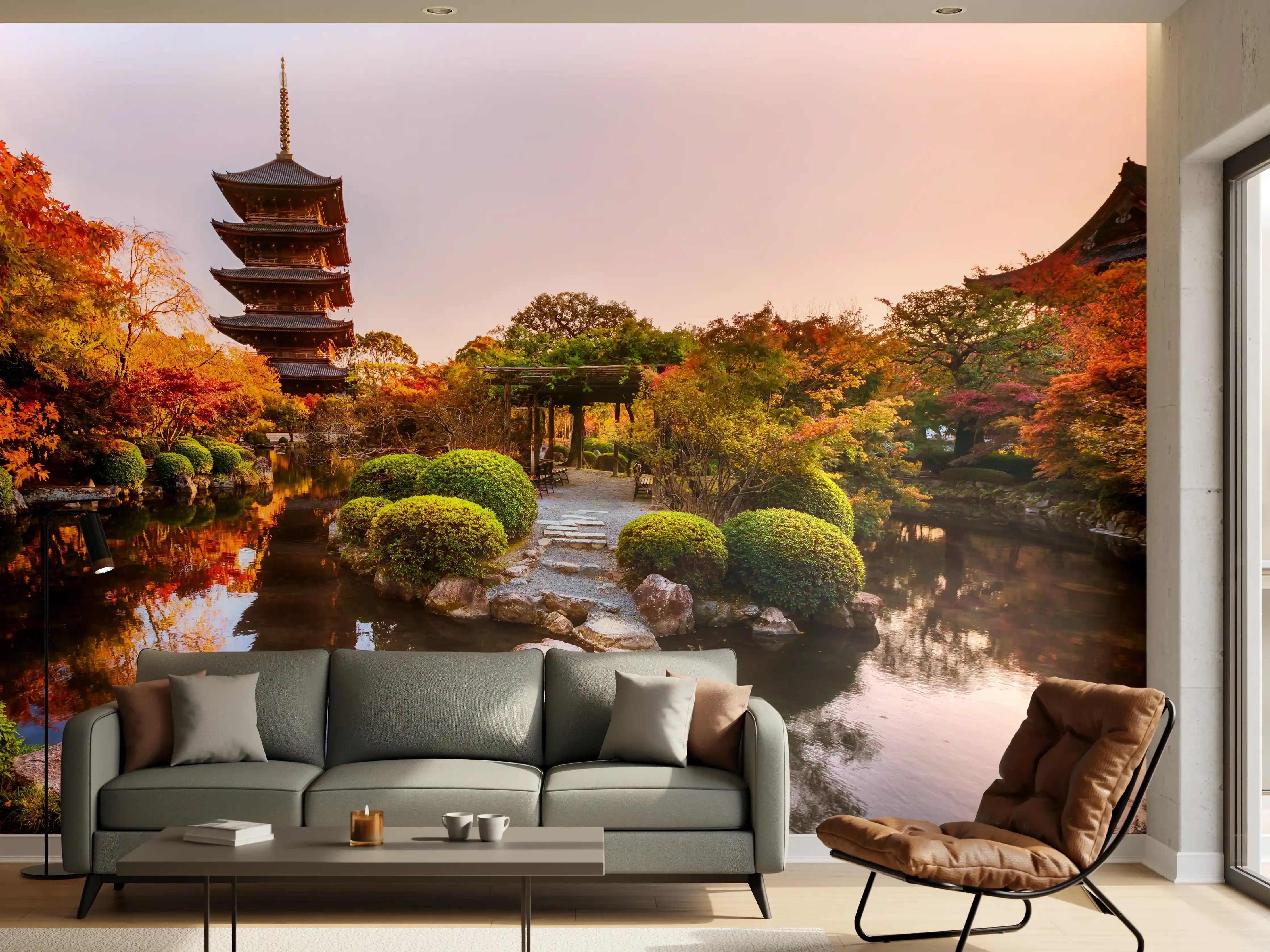 Wandverkleidung Wohnzimmer - Ein friedlicher japanischer Garten mit Pagode bei Sonnenaufgang