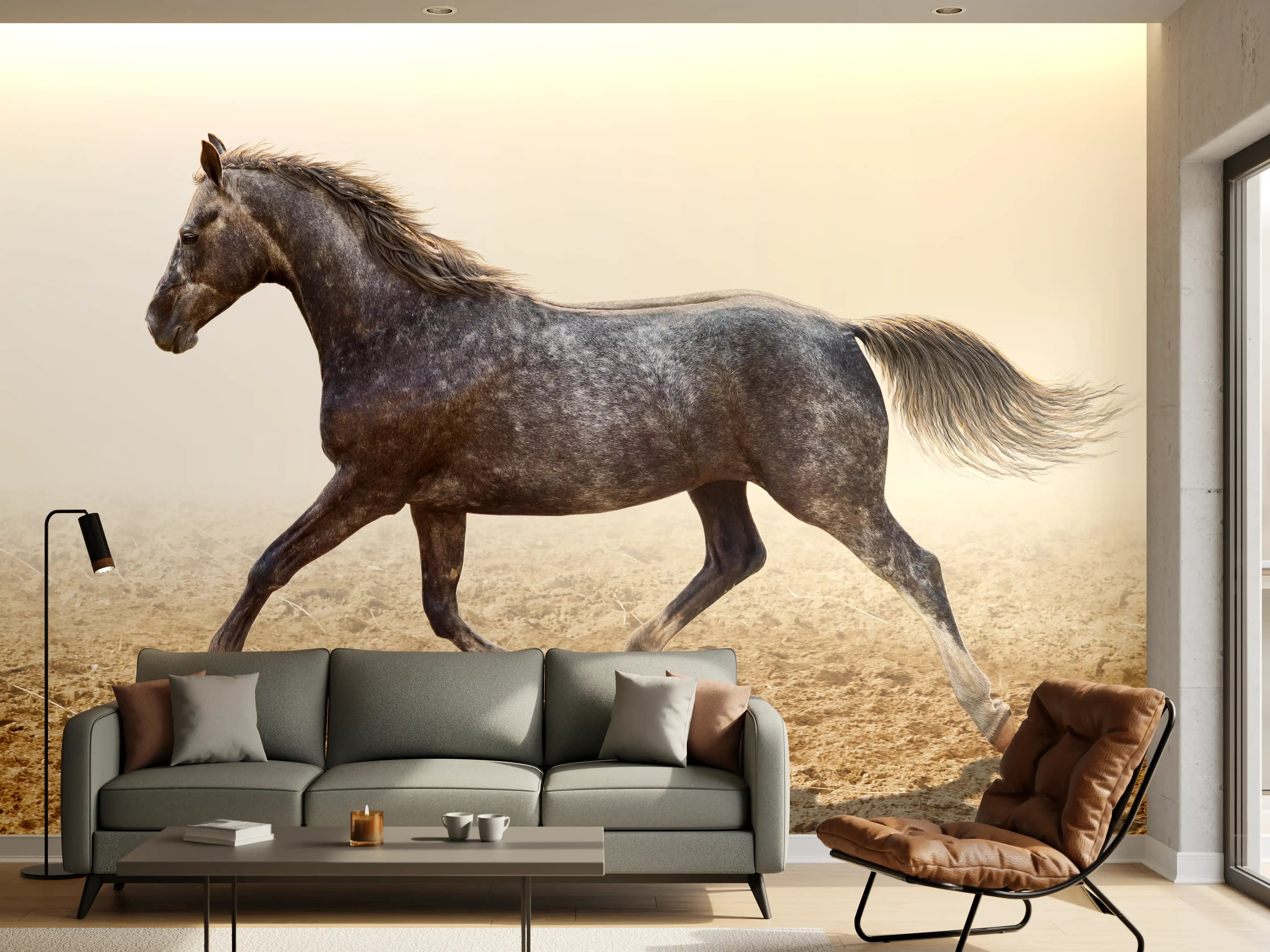 Wandverkleidung Wohnzimmer - Ein graues Pferd reitend auf einem Feld