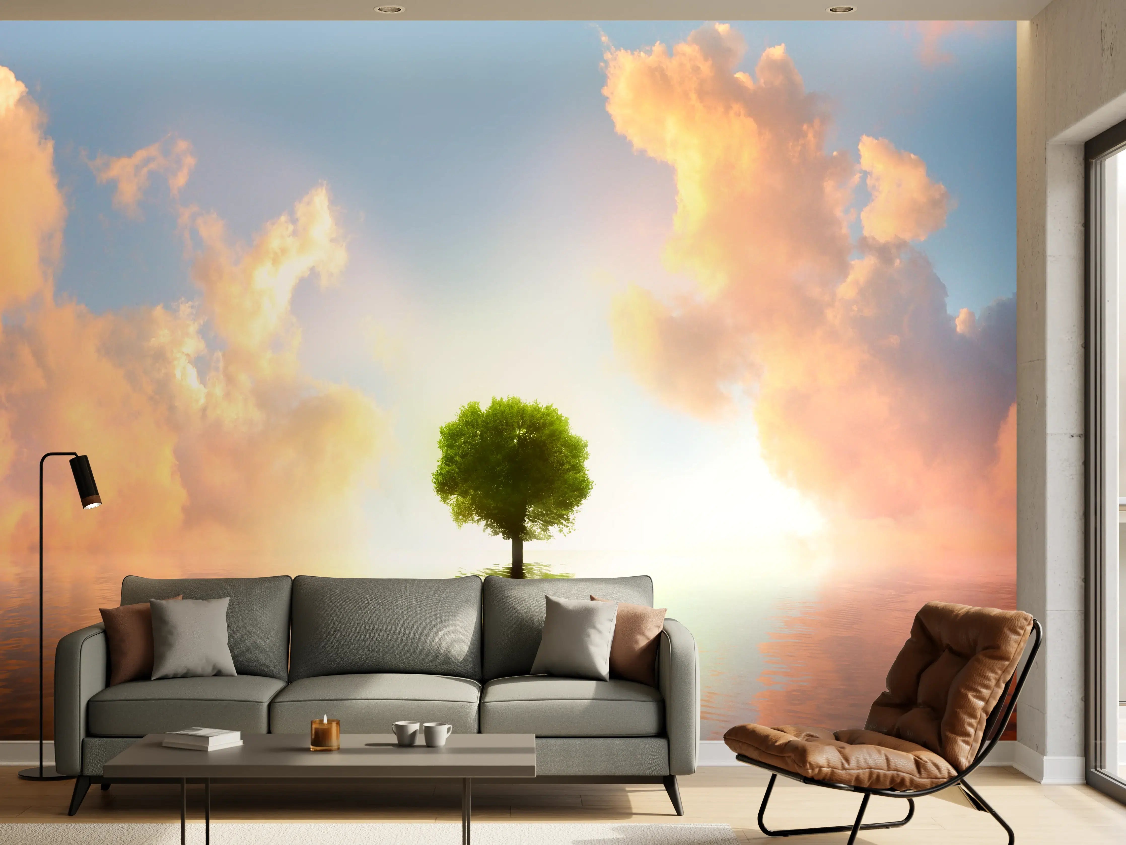 Wandverkleidung Wohnzimmer - Ein wunderschöner Sonnenuntergang mit einsamer Baum