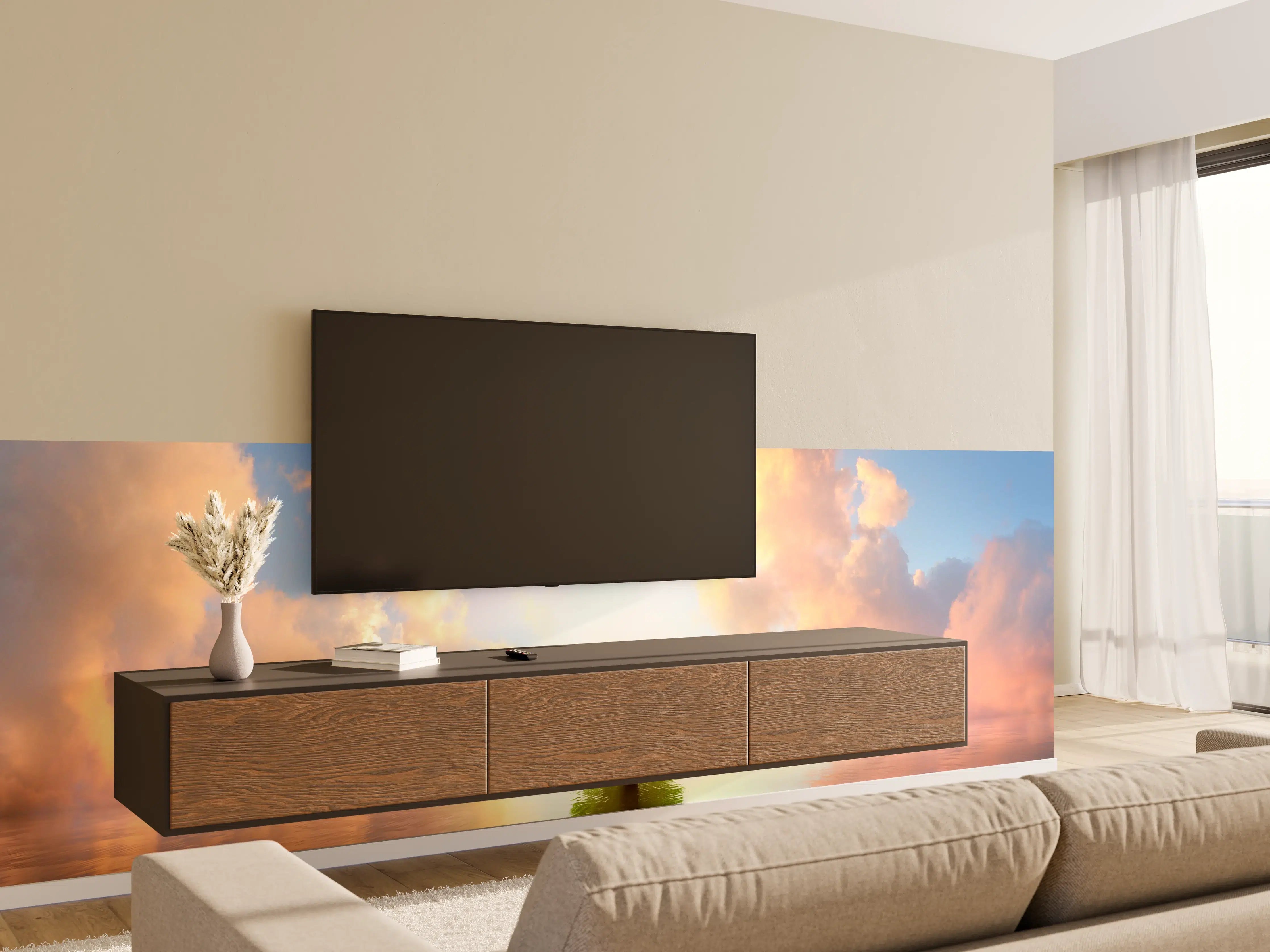 Wandverkleidung Wohnzimmer - Ein wunderschöner Sonnenuntergang mit einsamer Baum
