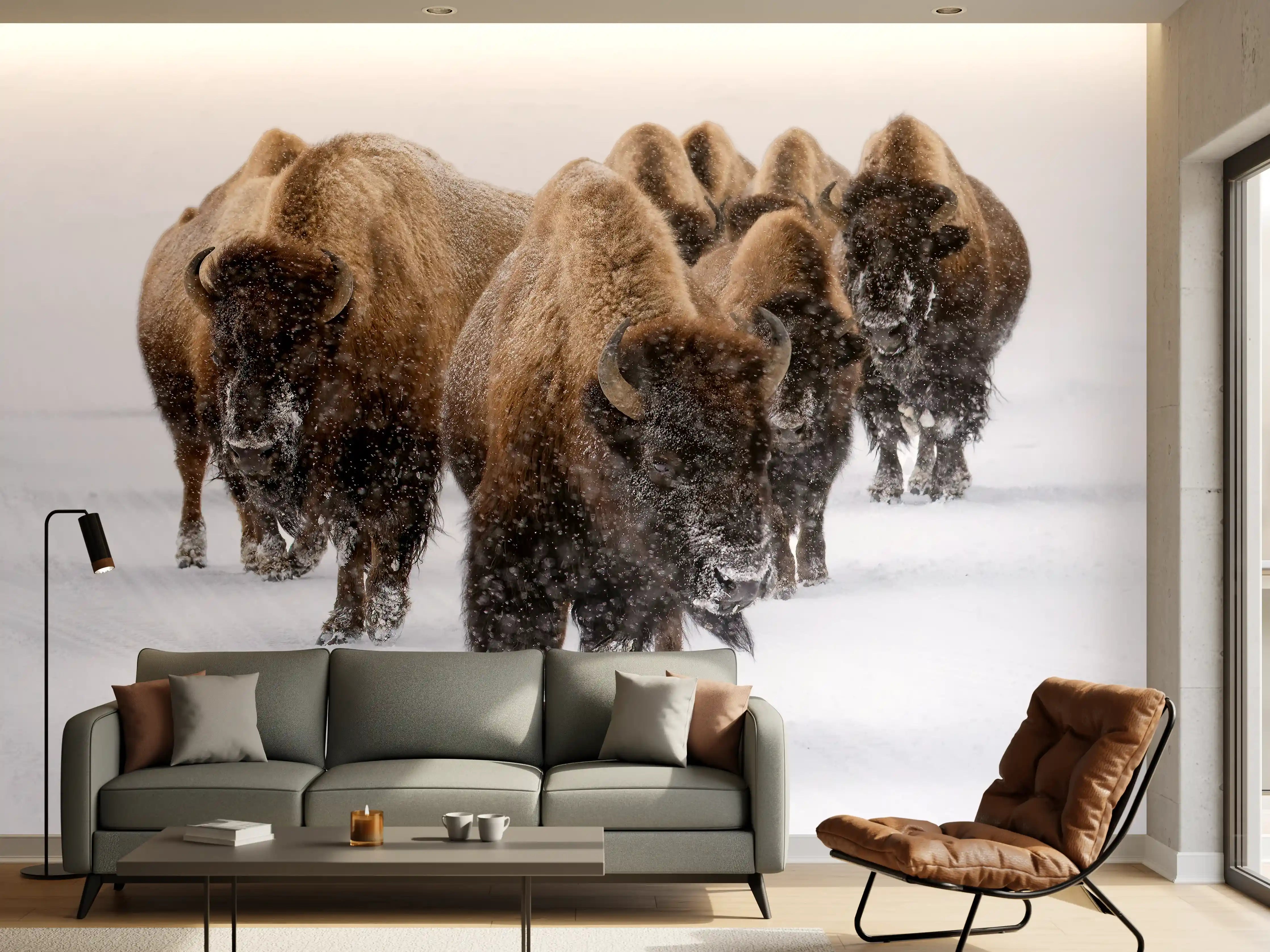 Wandverkleidung Wohnzimmer - Eine Bison Herde