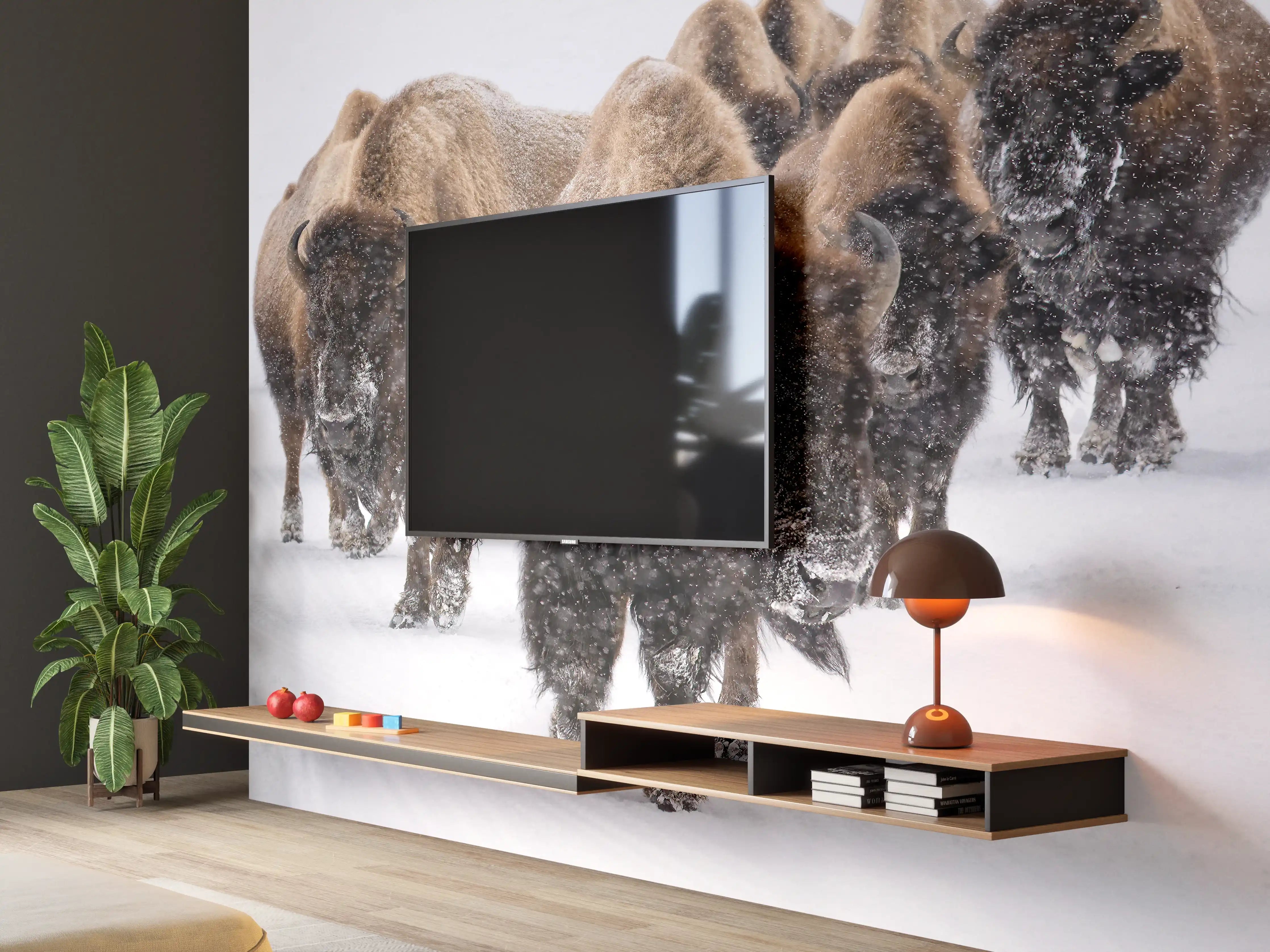 Wandverkleidung Wohnzimmer - Eine Bison Herde