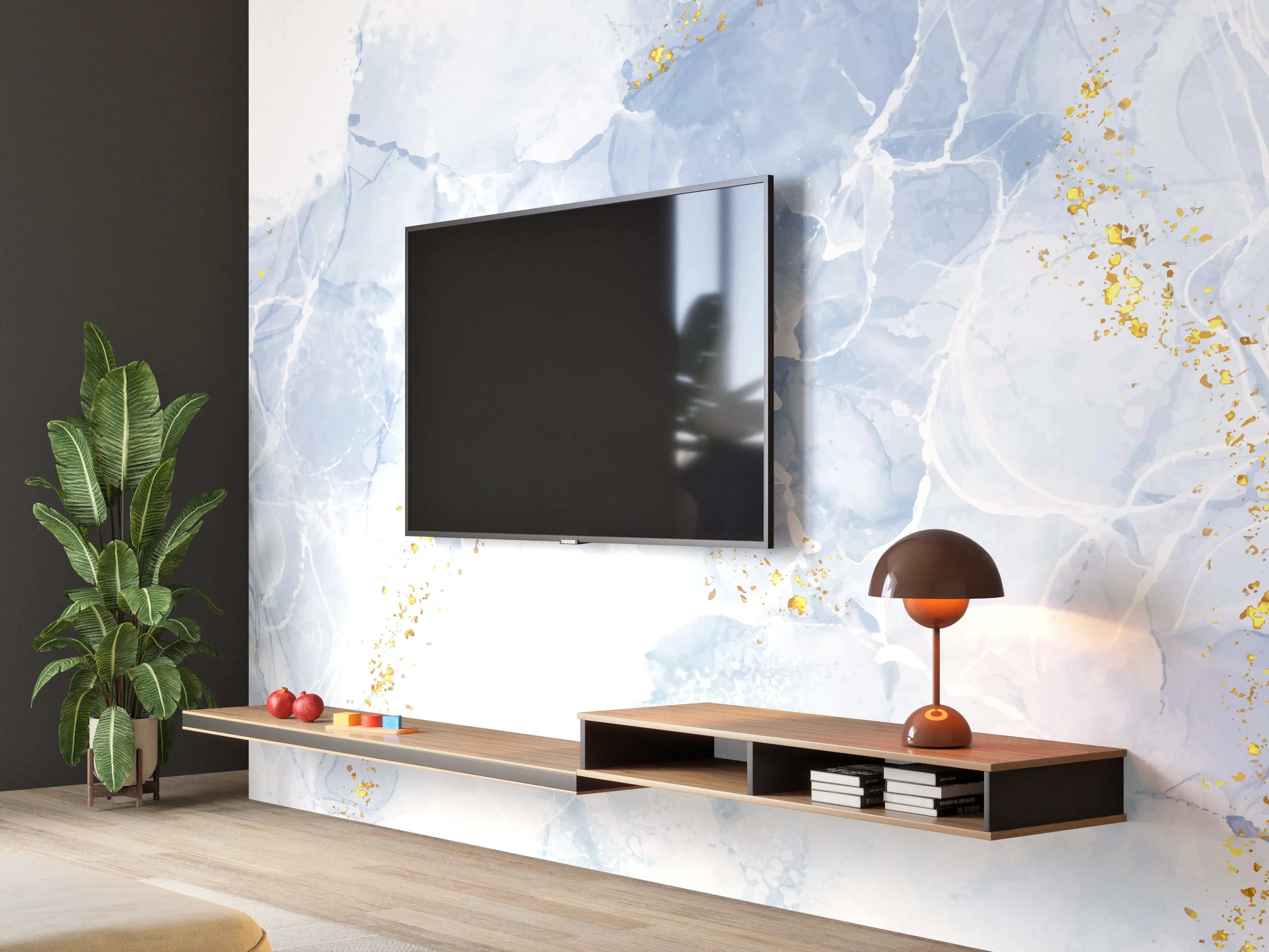 Wandverkleidung Wohnzimmer - Eisiges Blau mit Goldakzenten