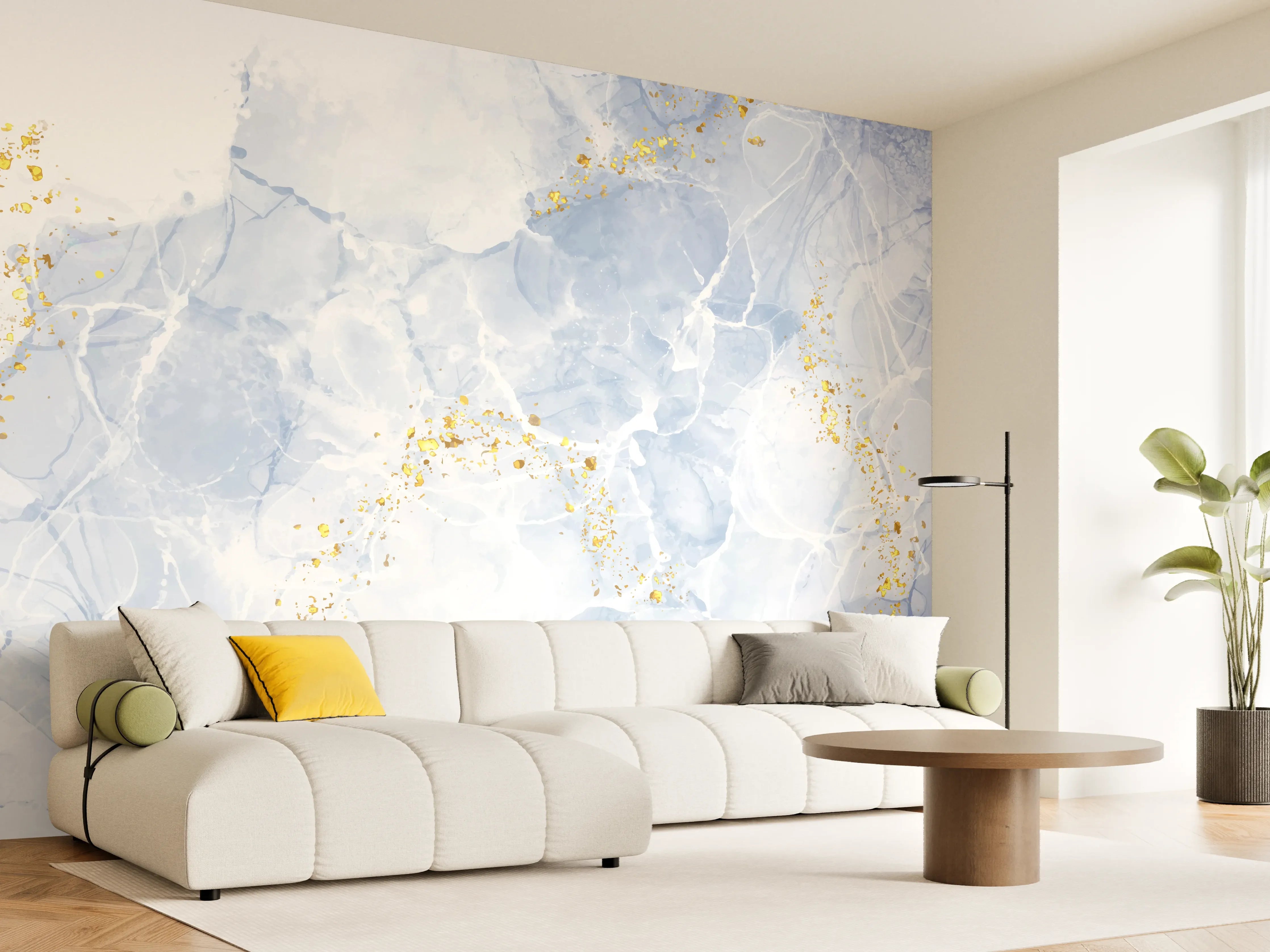 Wandverkleidung Wohnzimmer - Eisiges Blau mit Goldakzenten