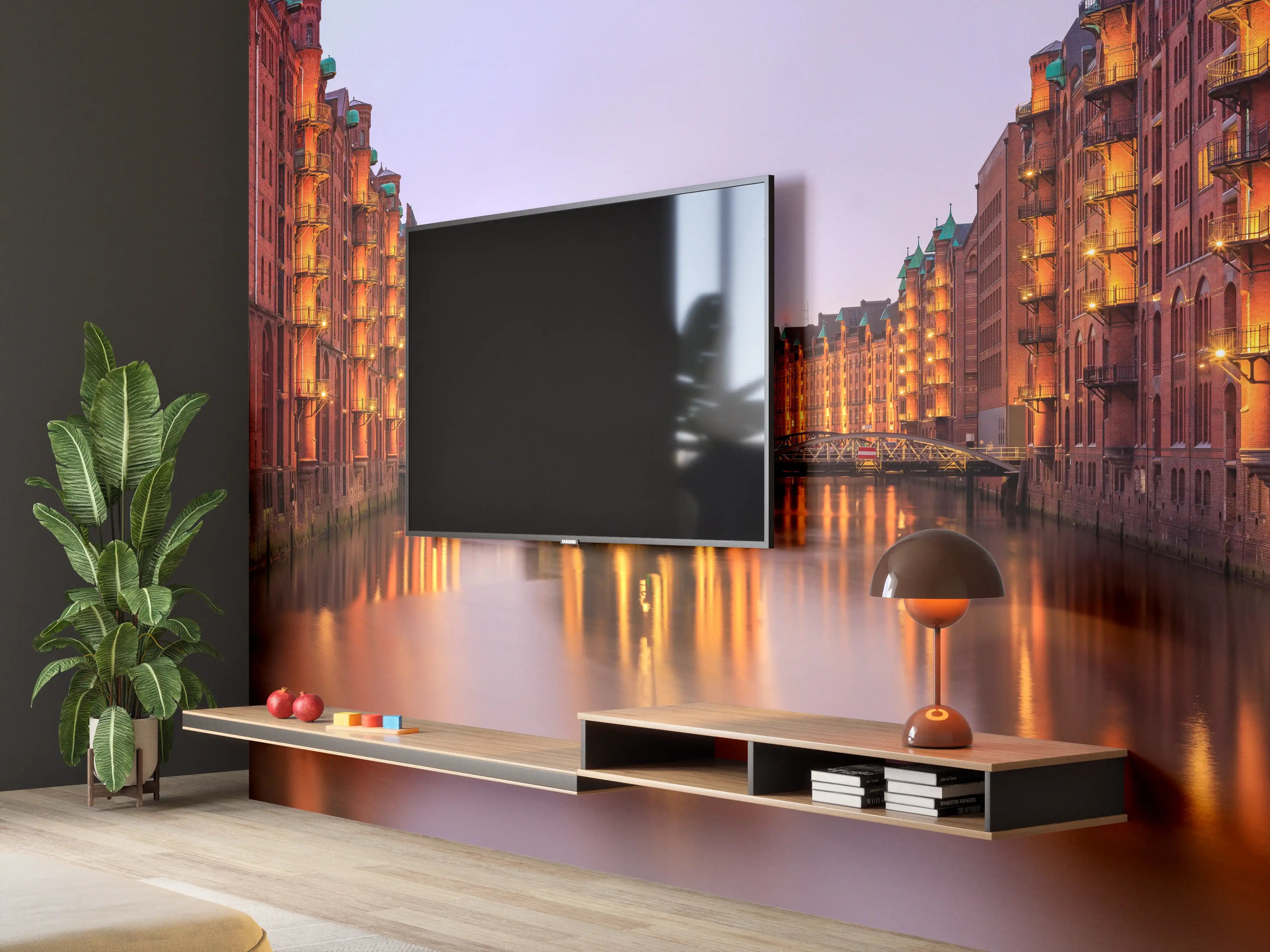 Wandverkleidung Wohnzimmer - Elbe Hamburg im Nacht