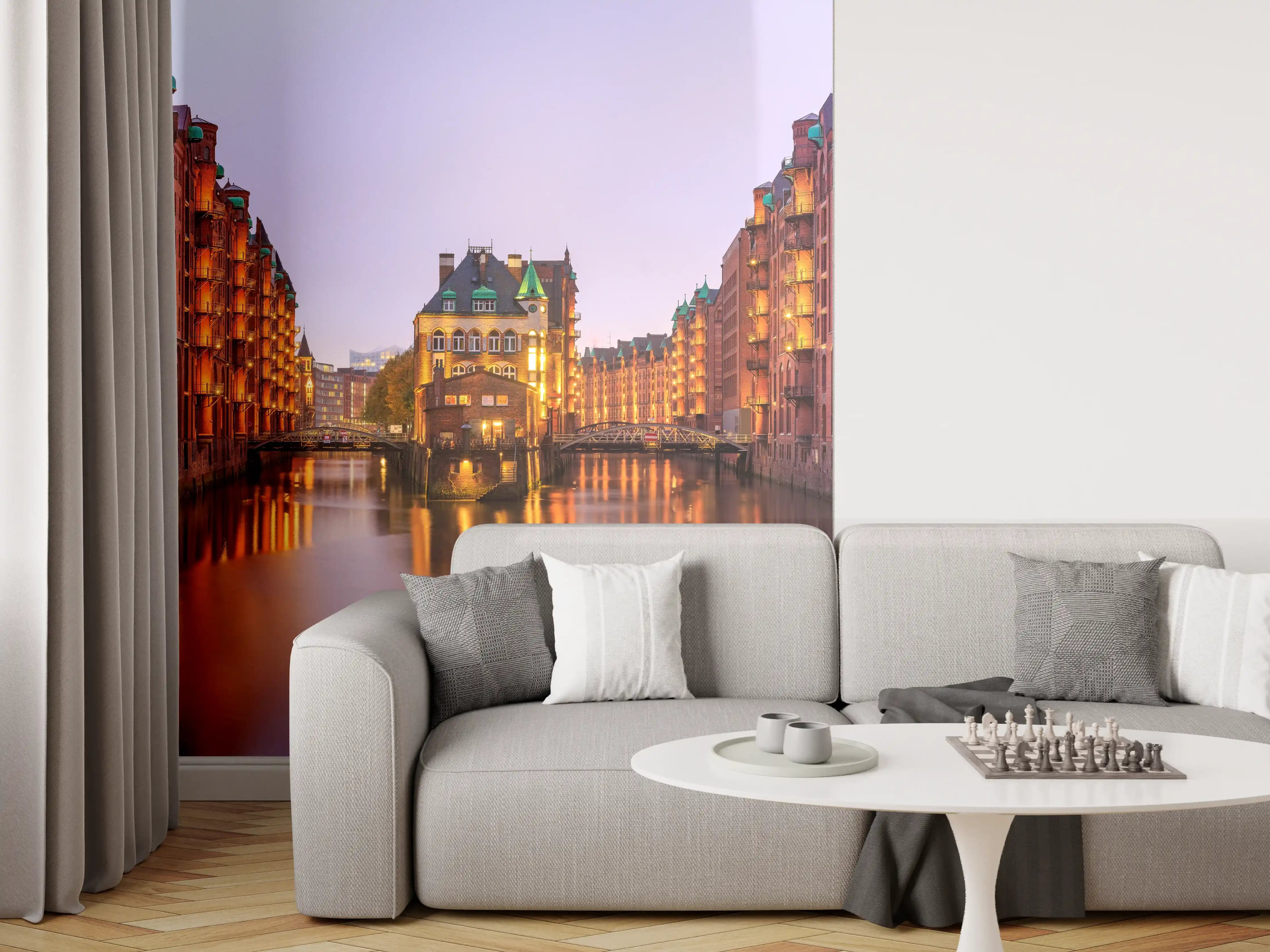 Wandverkleidung Wohnzimmer - Elbe Hamburg im Nacht