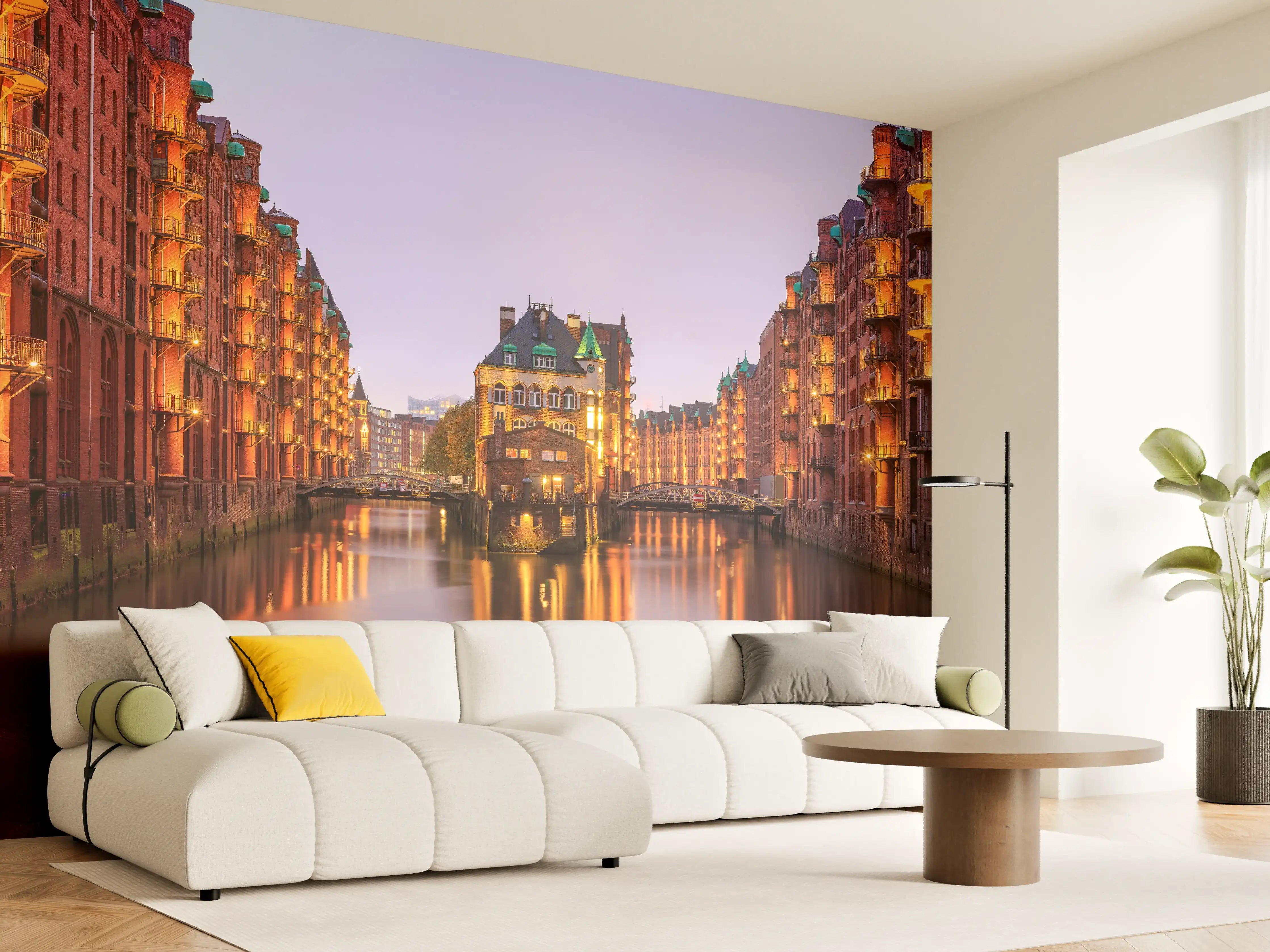 Wandverkleidung Wohnzimmer - Elbe Hamburg im Nacht