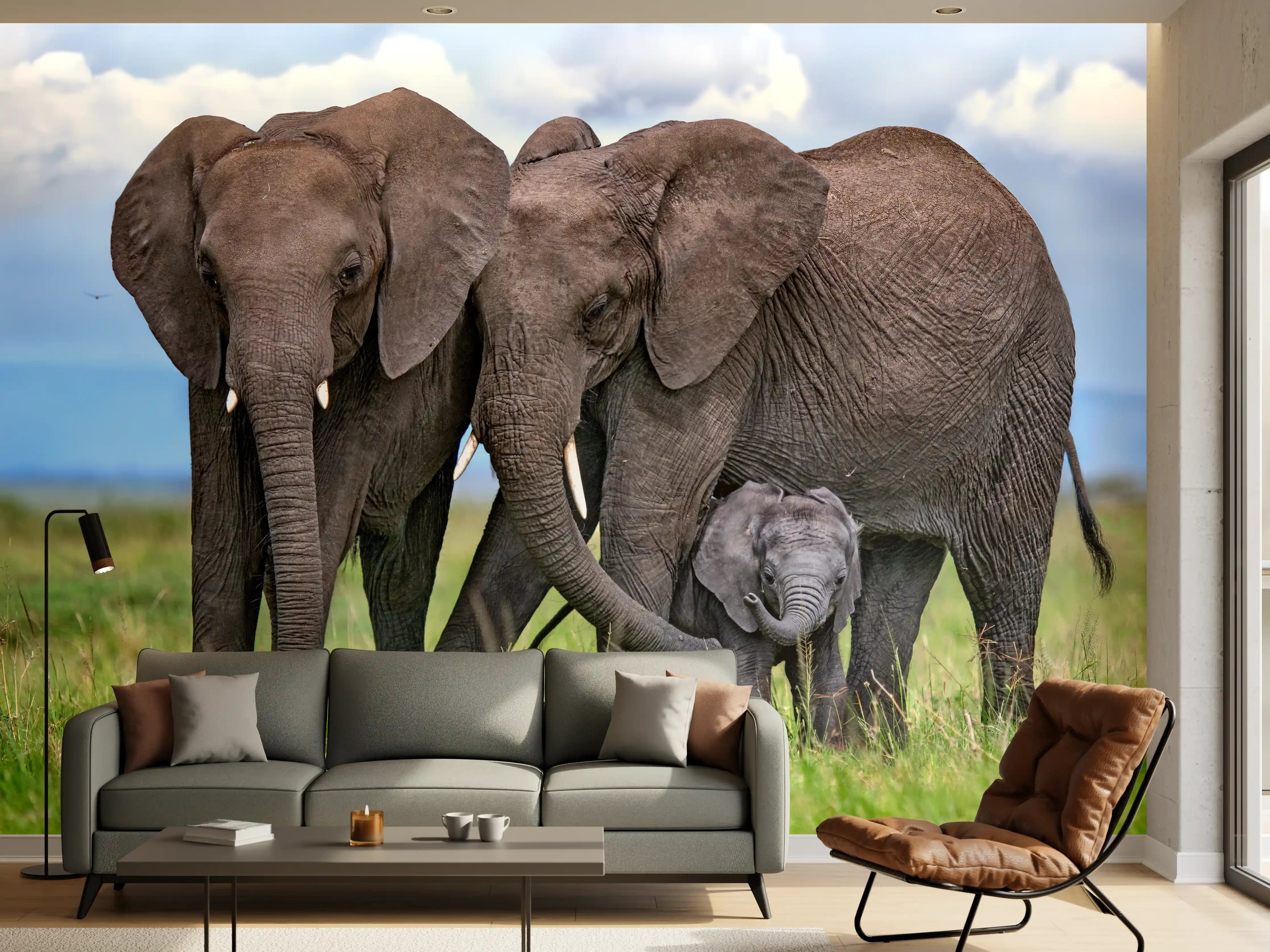 Wandverkleidung Wohnzimmer - Elefanten Familie - Afrika