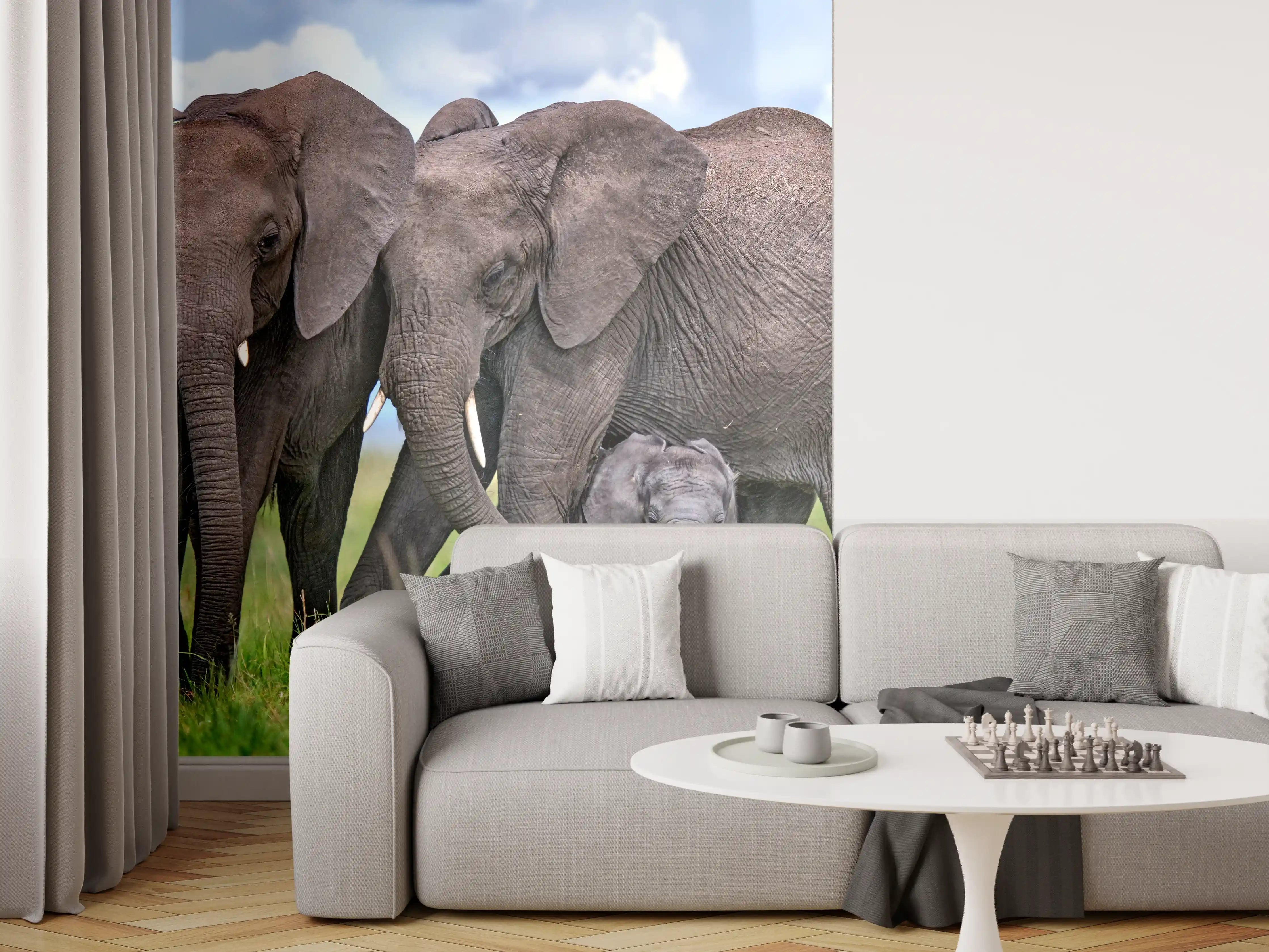 Wandverkleidung Wohnzimmer - Elefanten Familie - Afrika