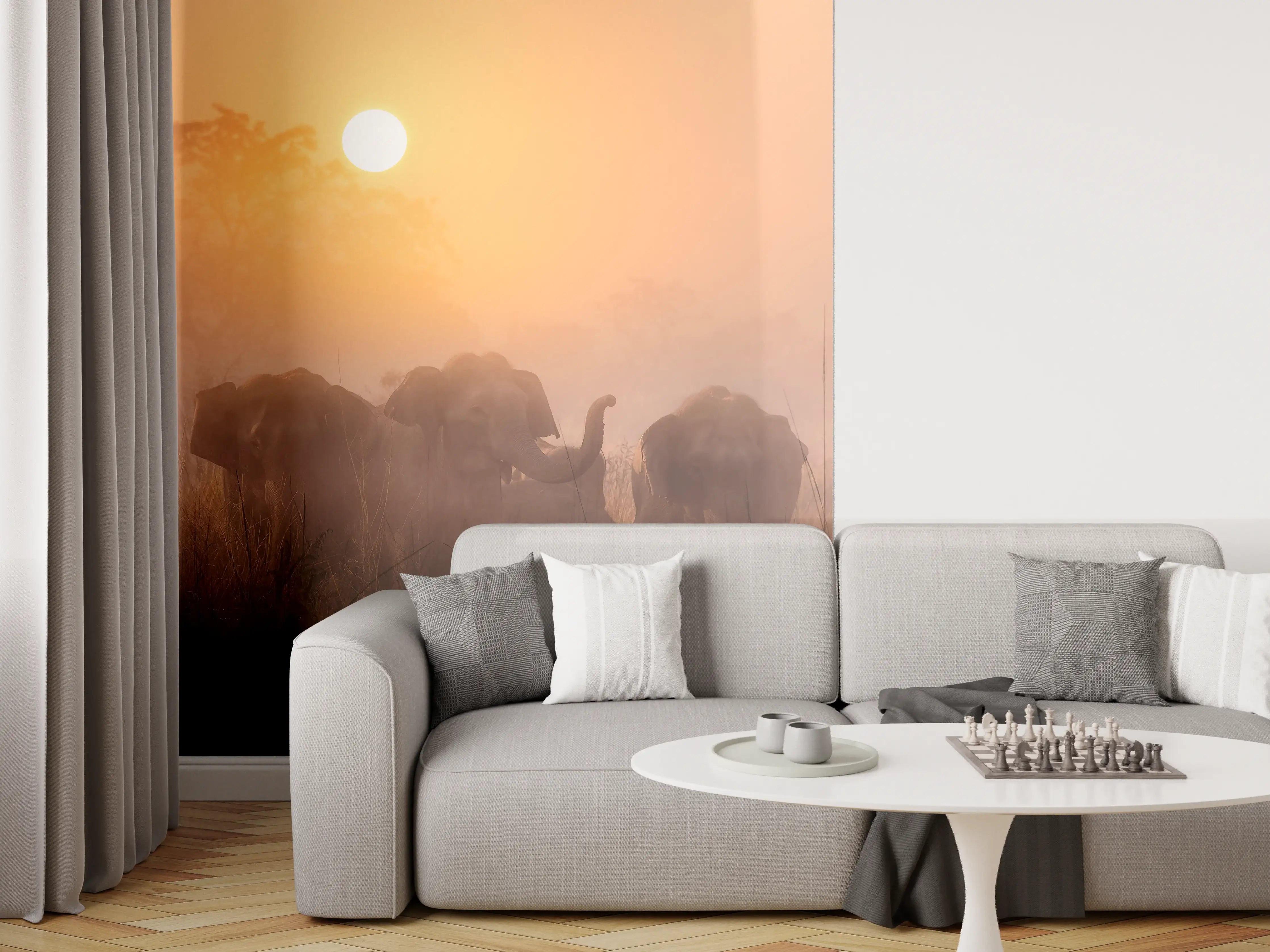 Wandverkleidung Wohnzimmer - Elefanten bei Morgengrauen