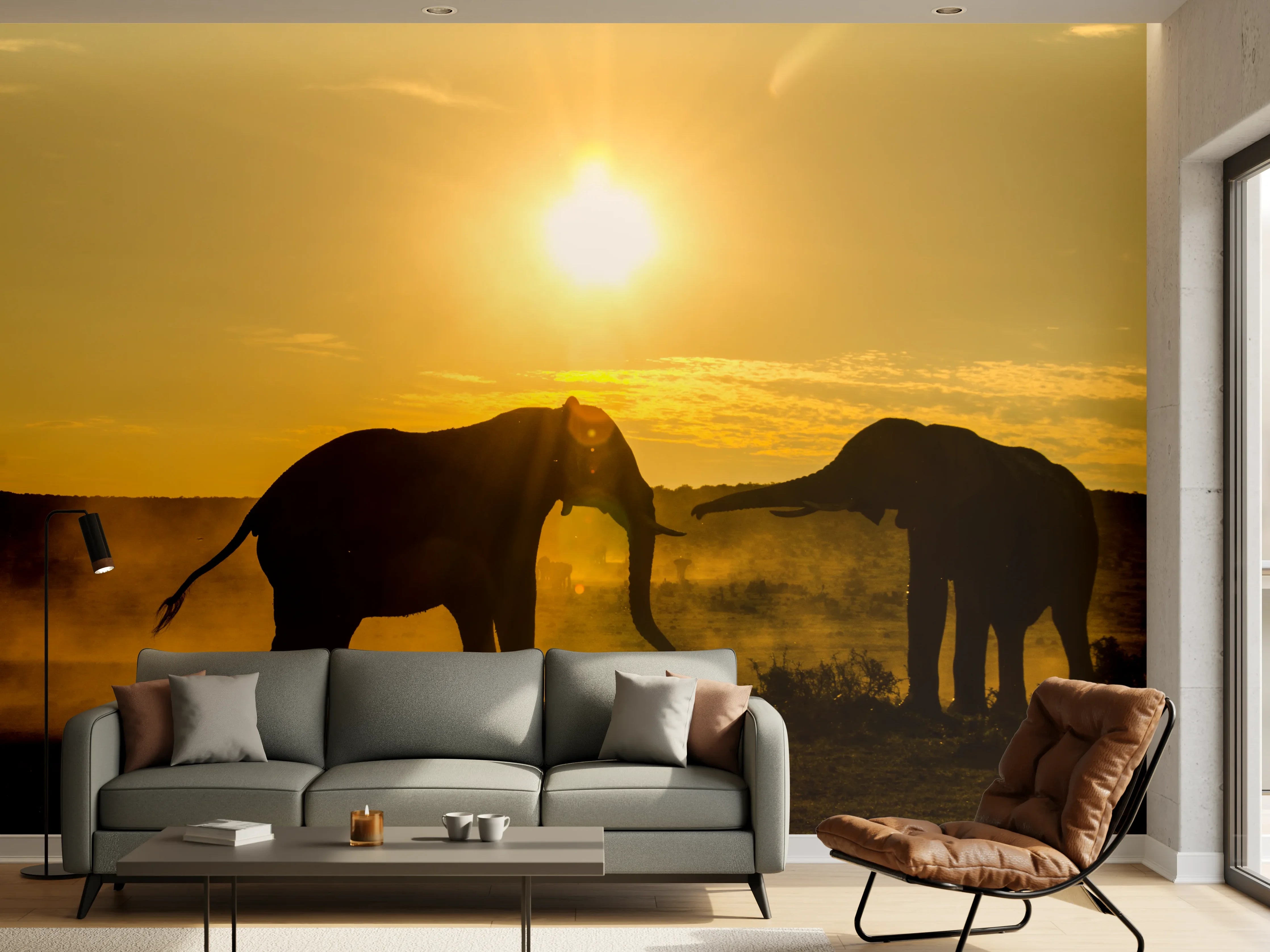 Wandverkleidung Wohnzimmer - Elefanten bei Sonnenuntergang