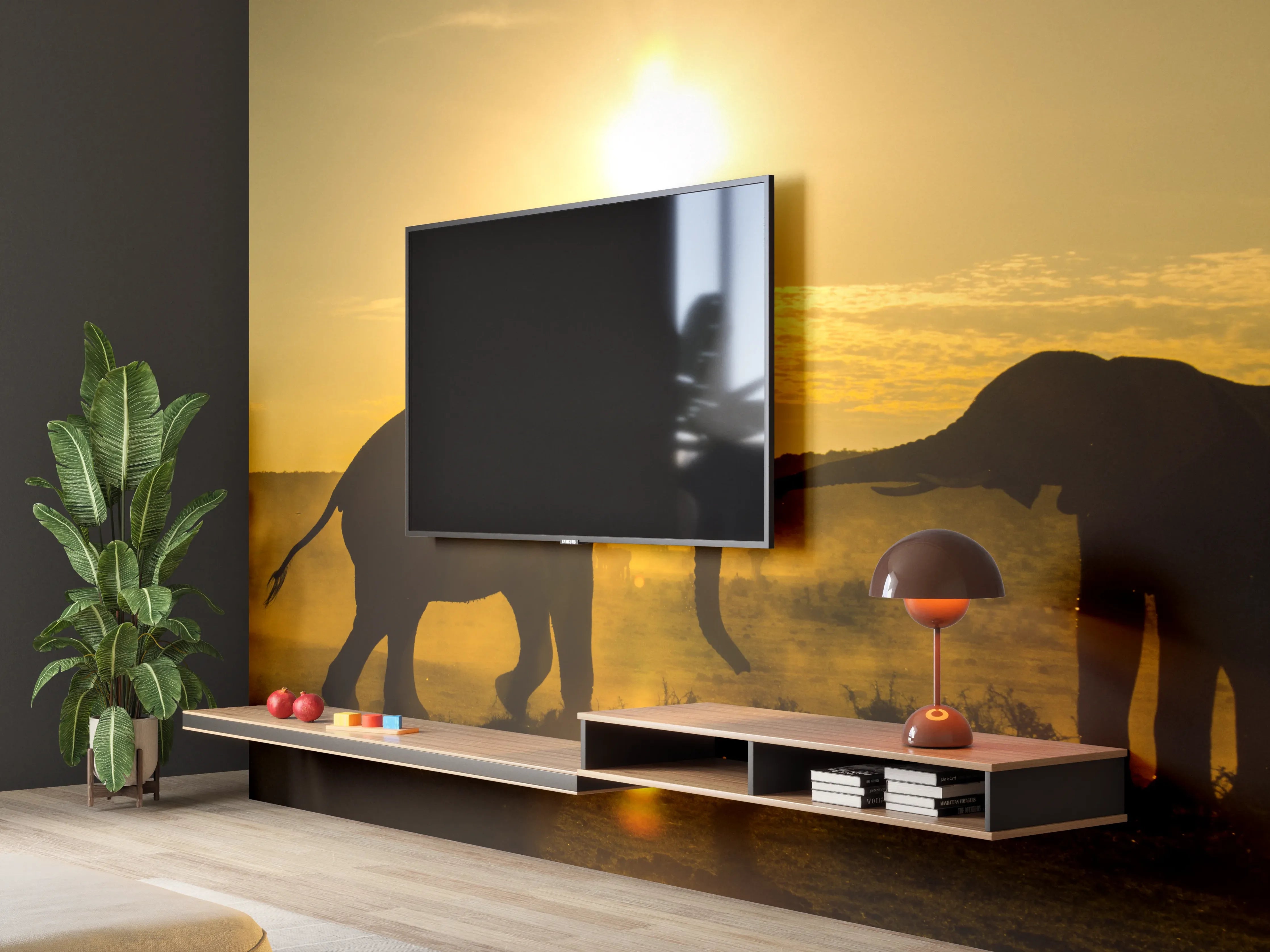 Wandverkleidung Wohnzimmer - Elefanten bei Sonnenuntergang
