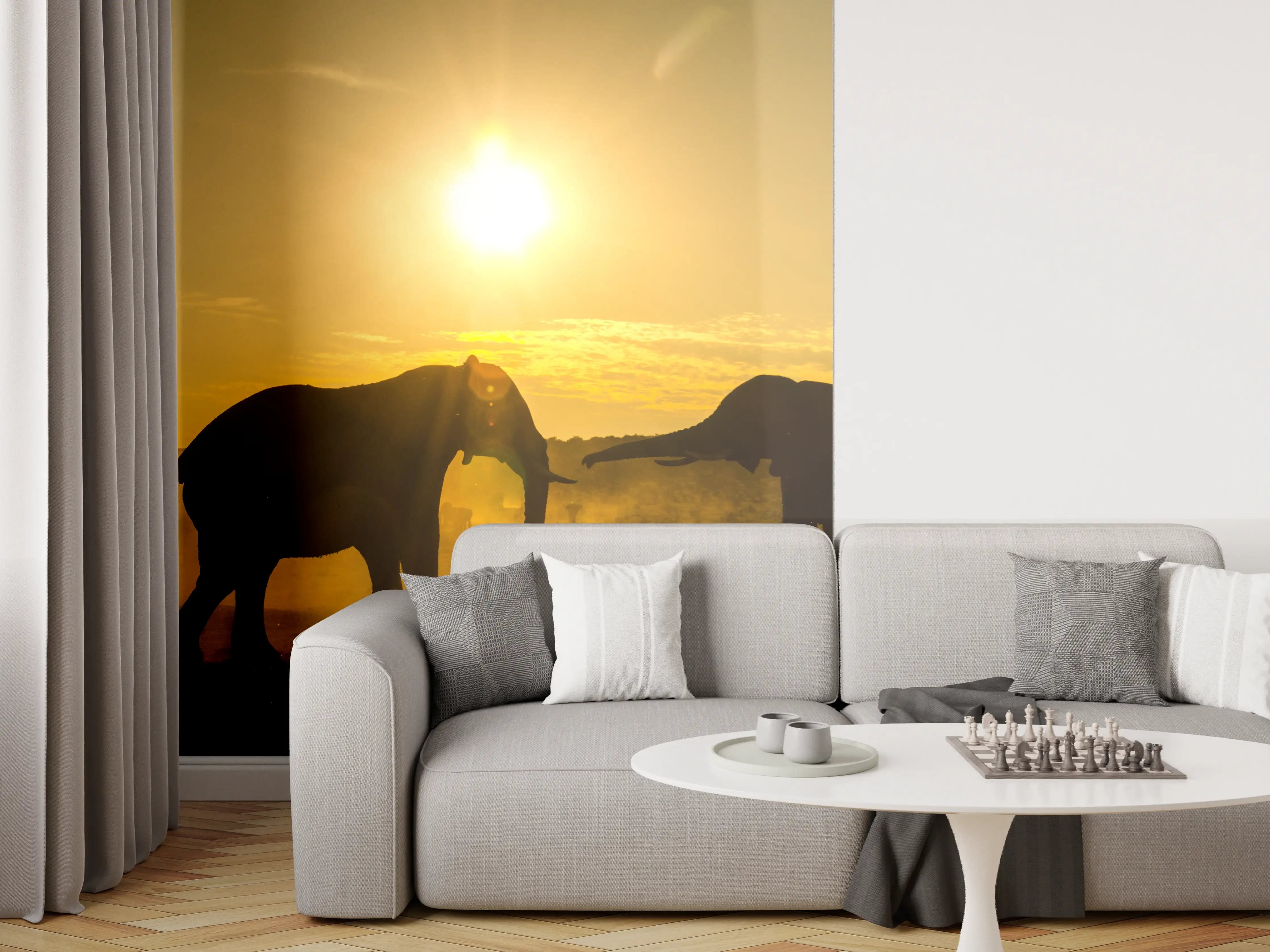 Wandverkleidung Wohnzimmer - Elefanten bei Sonnenuntergang
