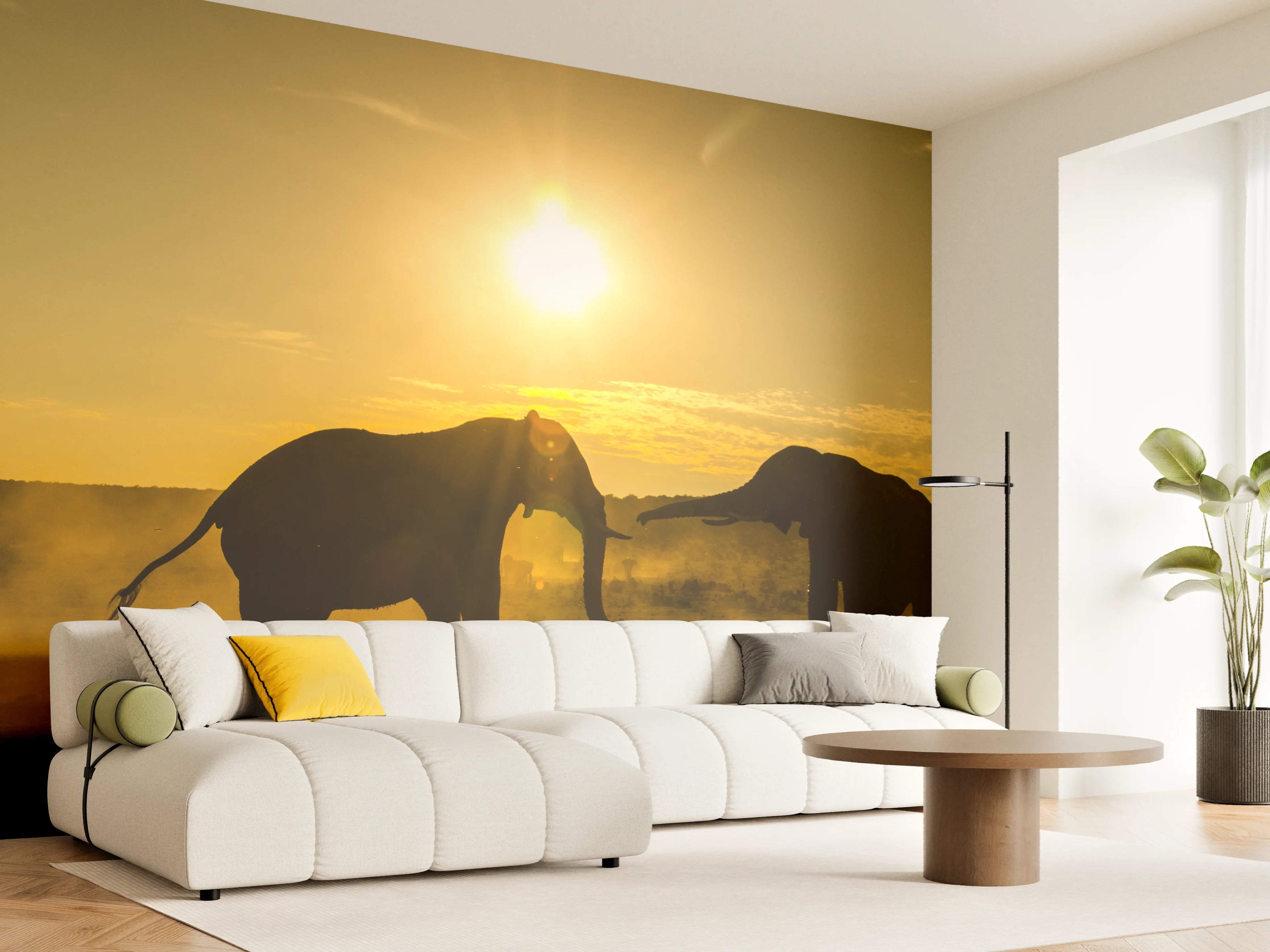 Wandverkleidung Wohnzimmer - Elefanten bei Sonnenuntergang