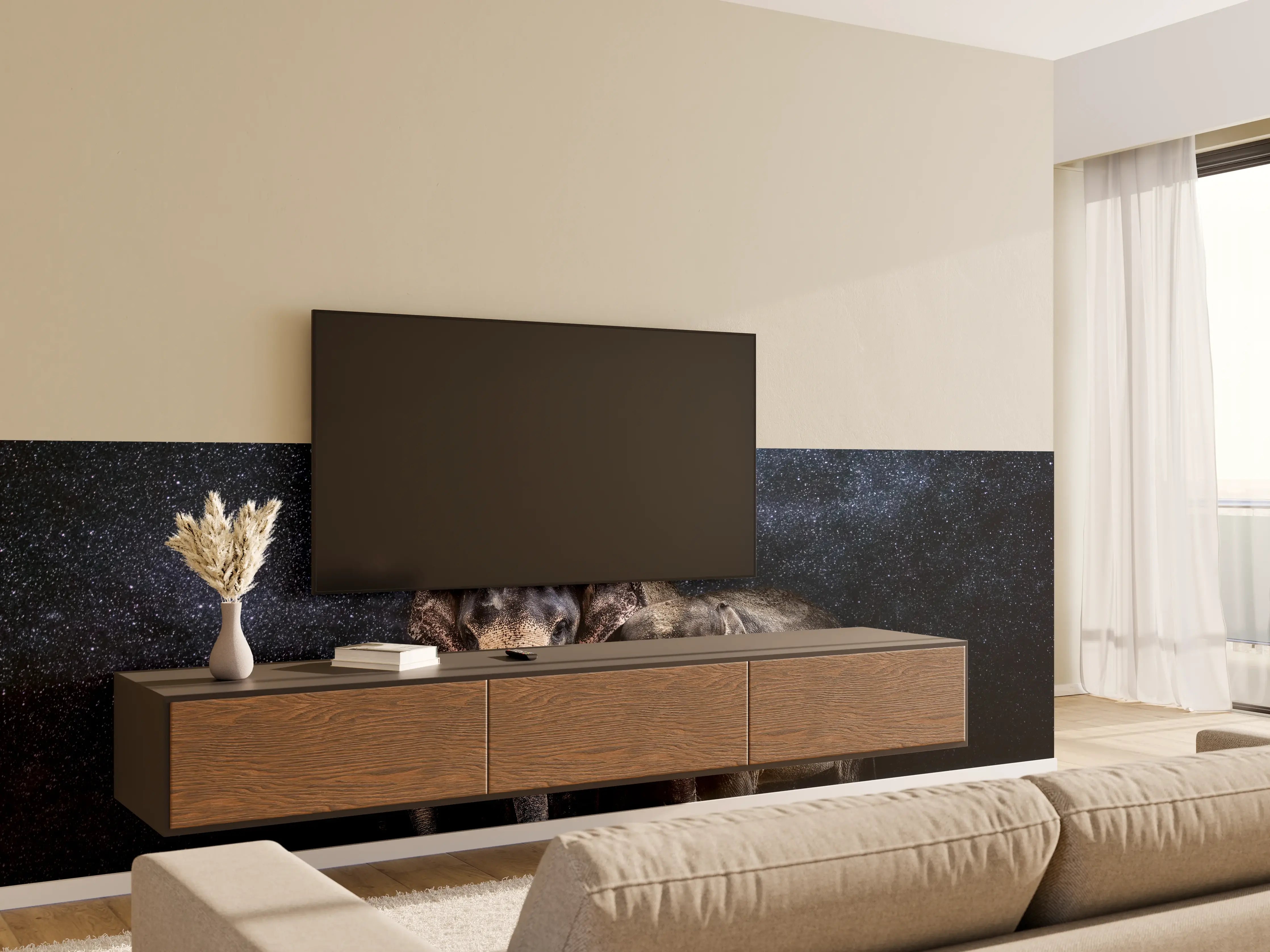 Wandverkleidung Wohnzimmer - Elefantenfamilie zwischen den Sternen