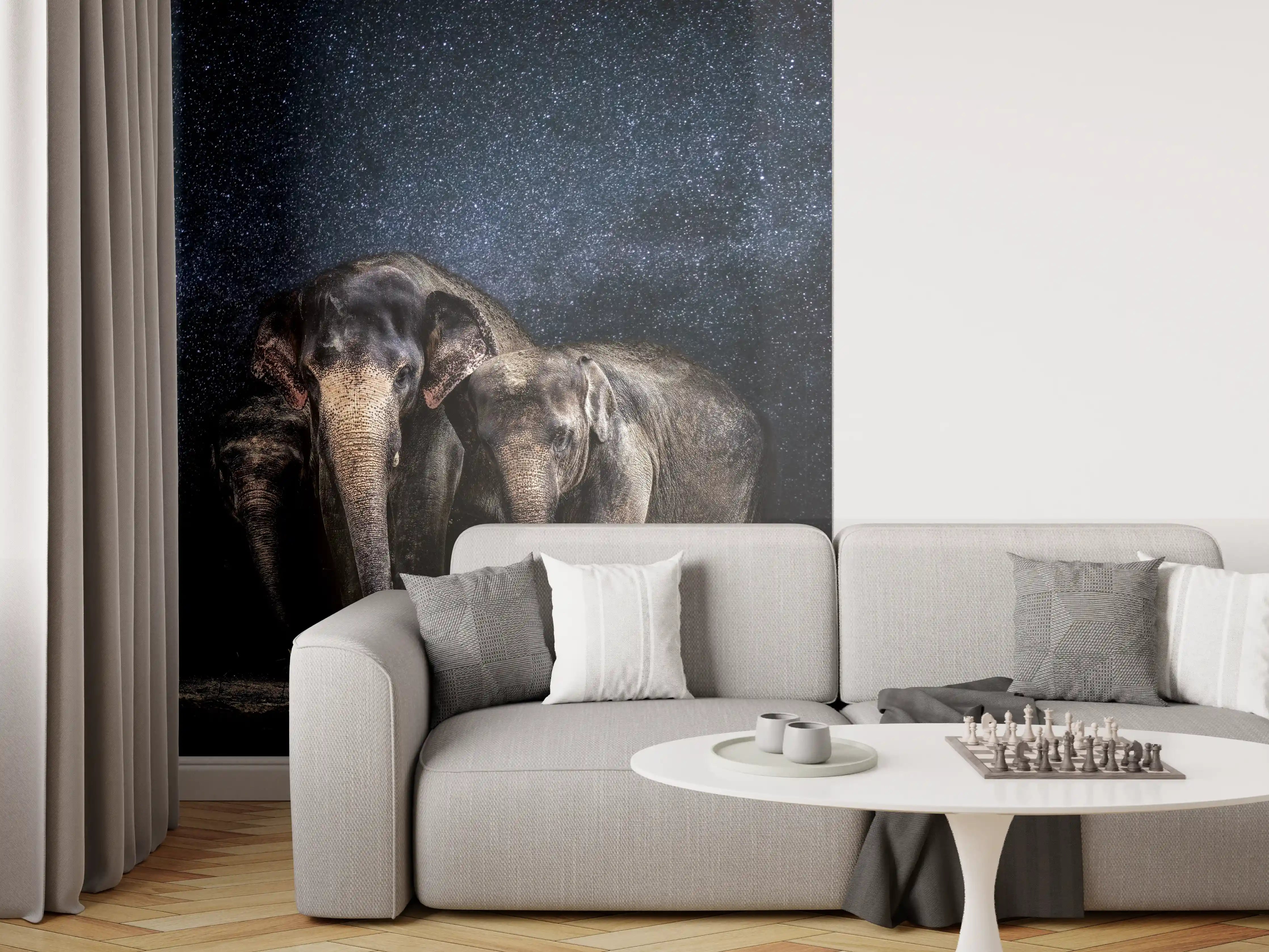 Wandverkleidung Wohnzimmer - Elefantenfamilie zwischen den Sternen
