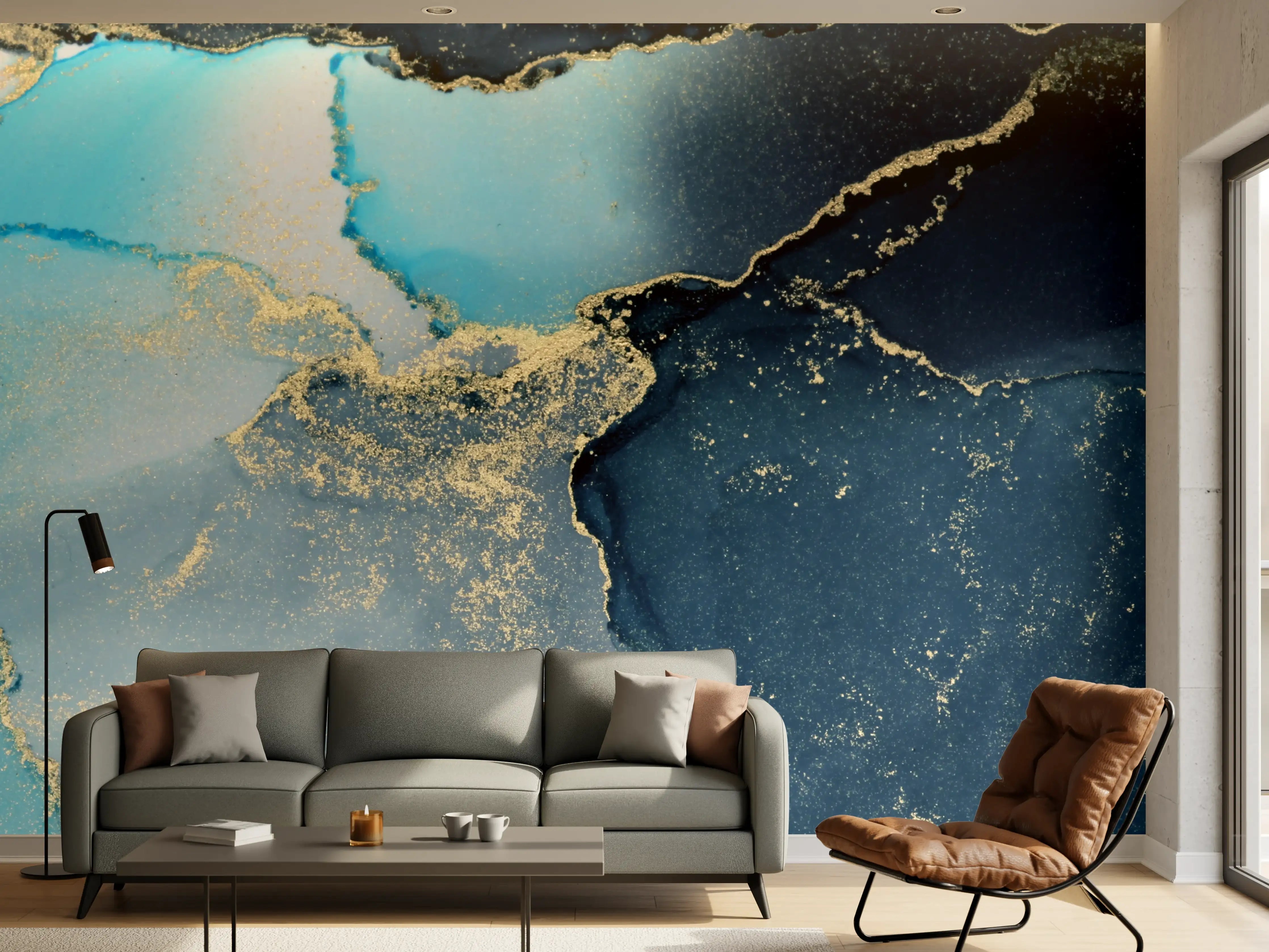 Wandverkleidung Wohnzimmer - Elegant Blauer Marmor mit Goldakzenten