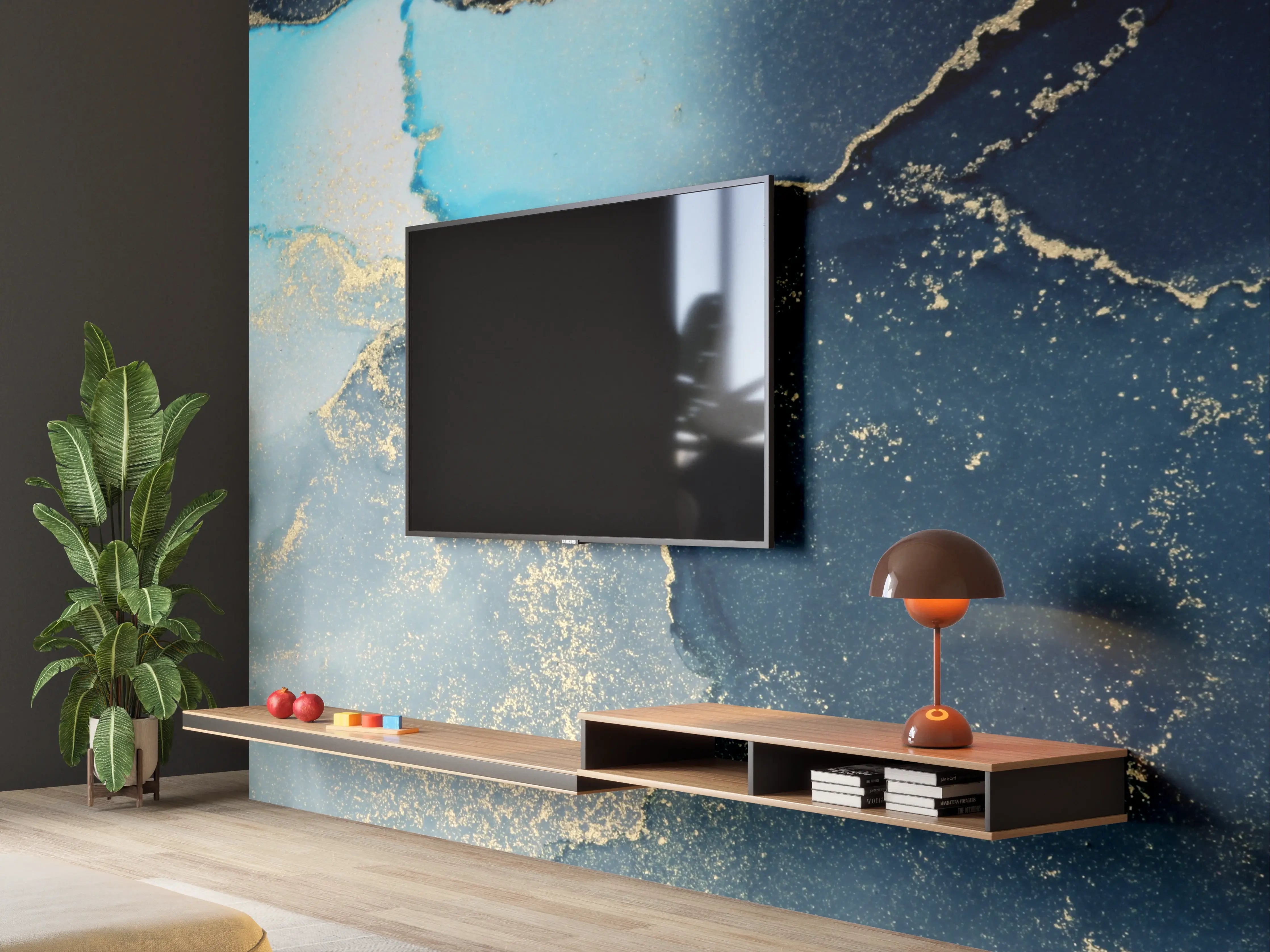 Wandverkleidung Wohnzimmer - Elegant Blauer Marmor mit Goldakzenten