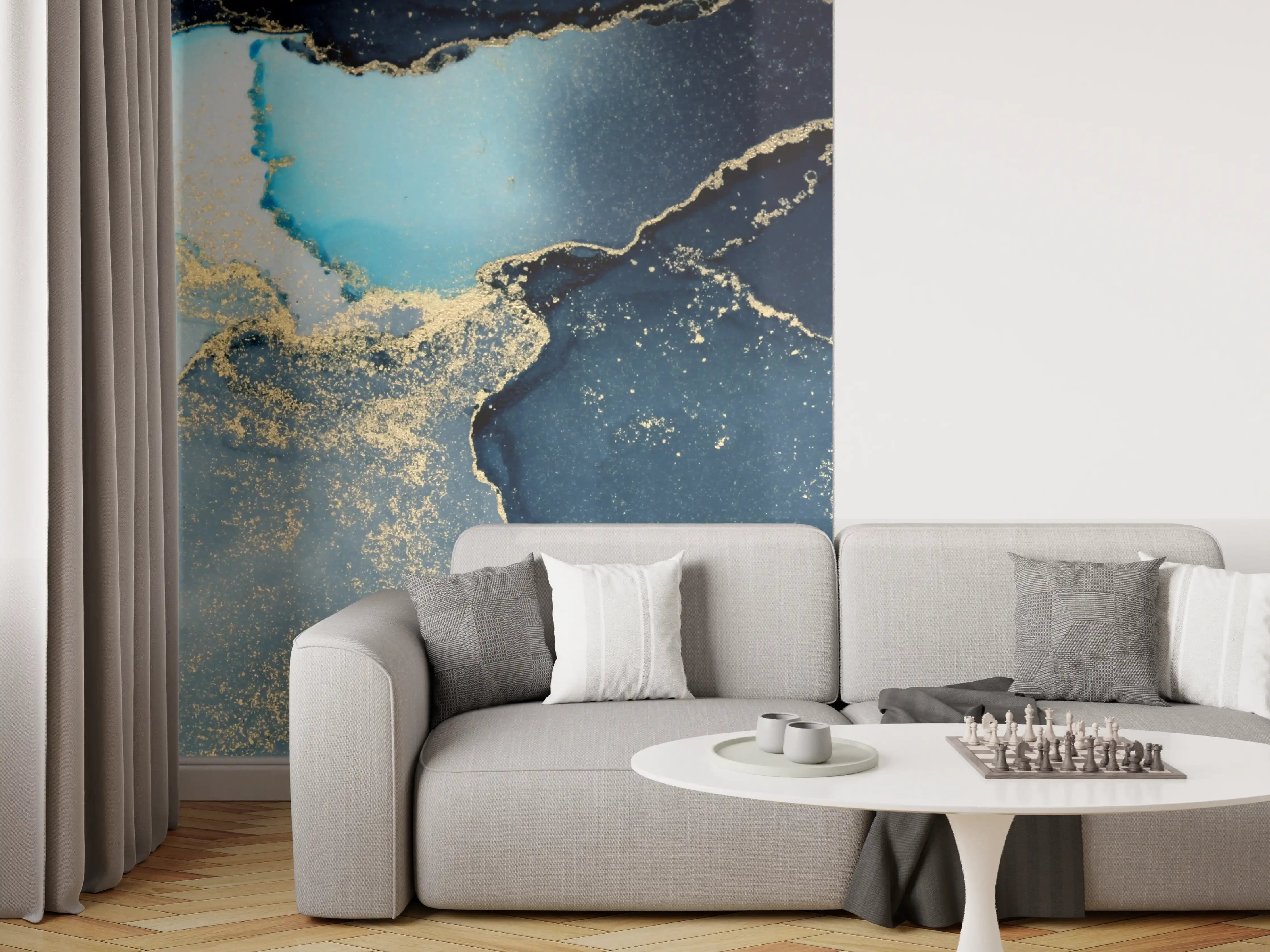 Wandverkleidung Wohnzimmer - Elegant Blauer Marmor mit Goldakzenten