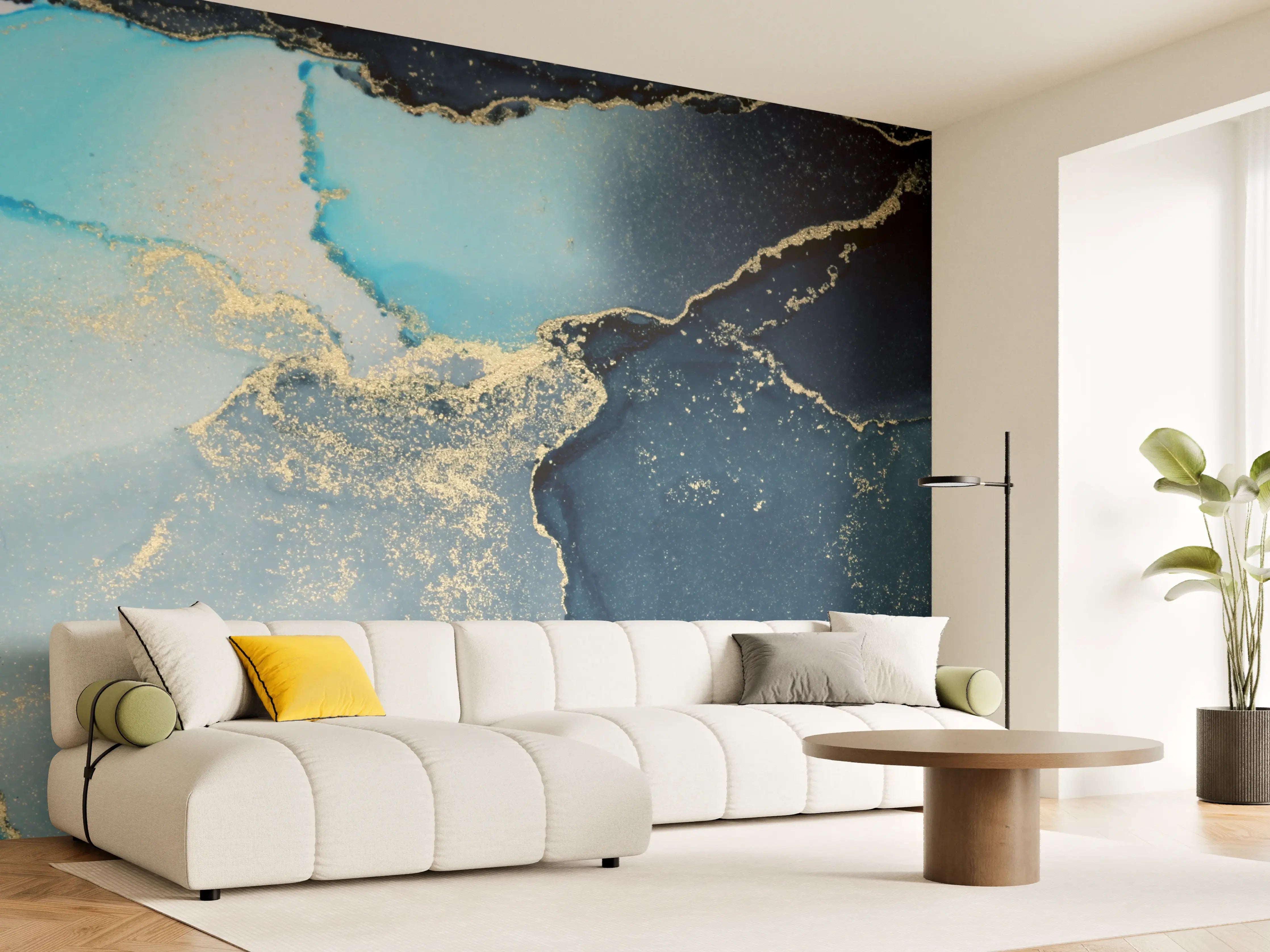 Wandverkleidung Wohnzimmer - Elegant Blauer Marmor mit Goldakzenten