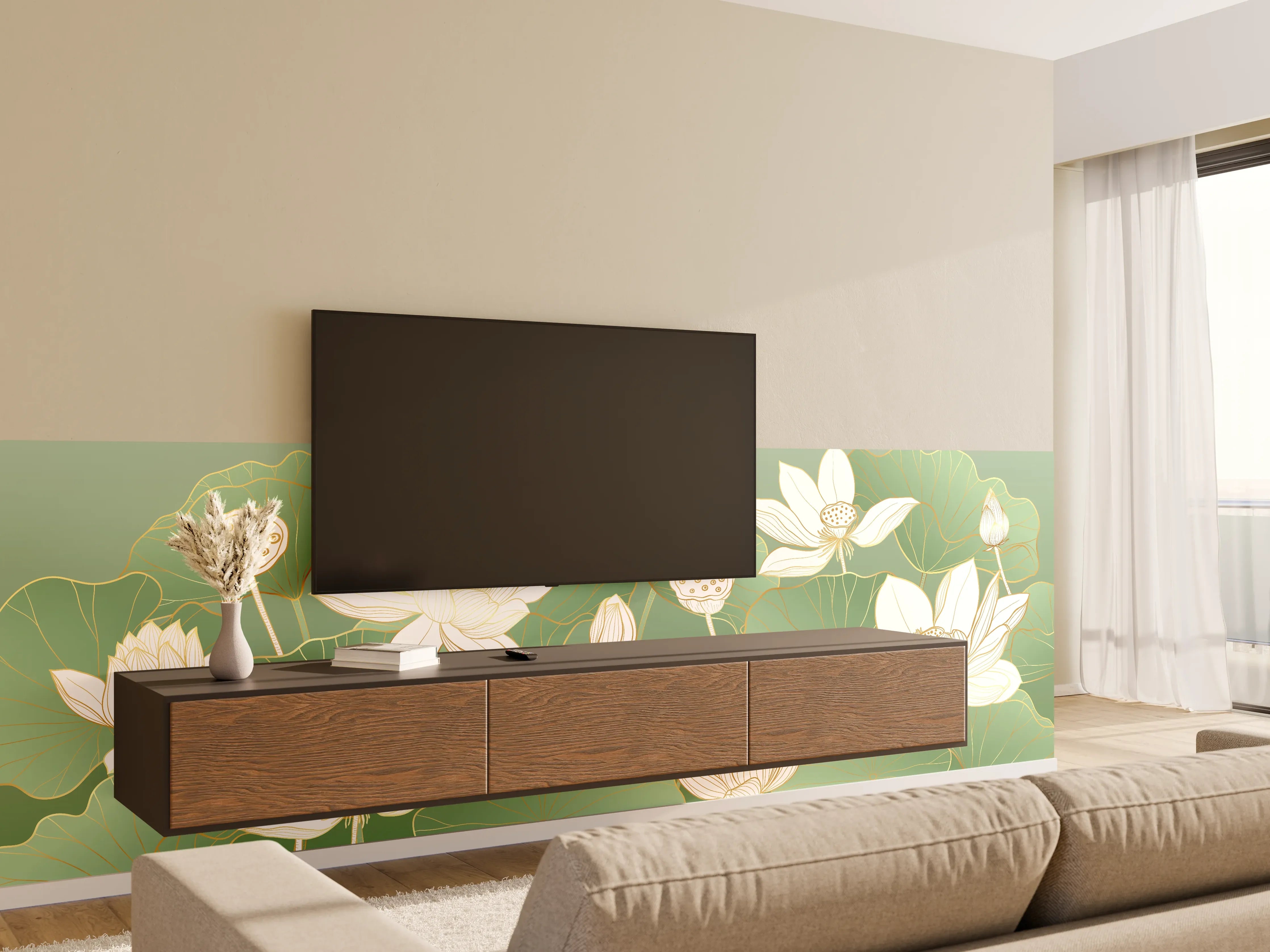 Wandverkleidung Wohnzimmer - Elegant Lotus Aquatic Scene mit weißen Blüten