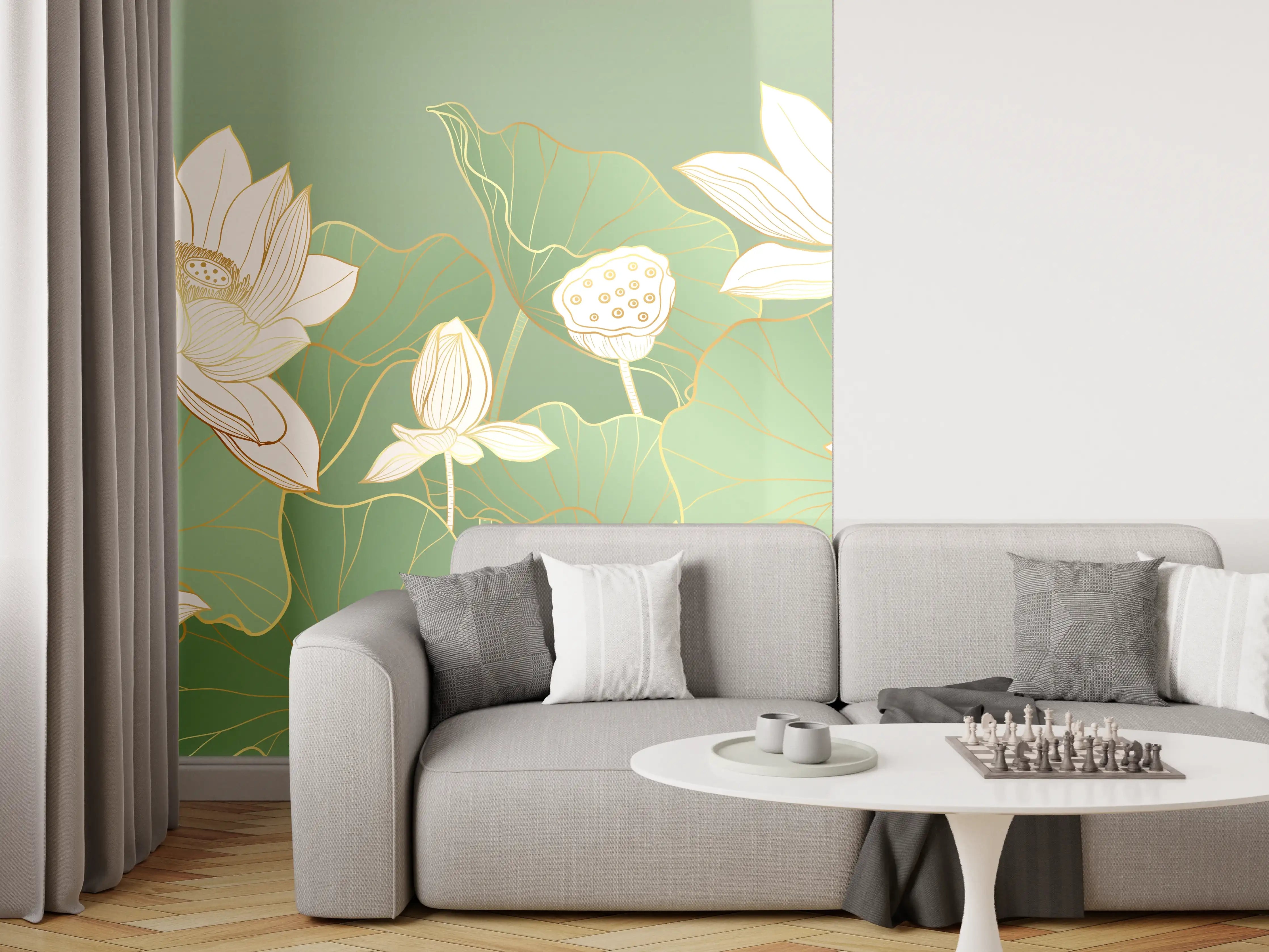 Wandverkleidung Wohnzimmer - Elegant Lotus Aquatic Scene mit weißen Blüten