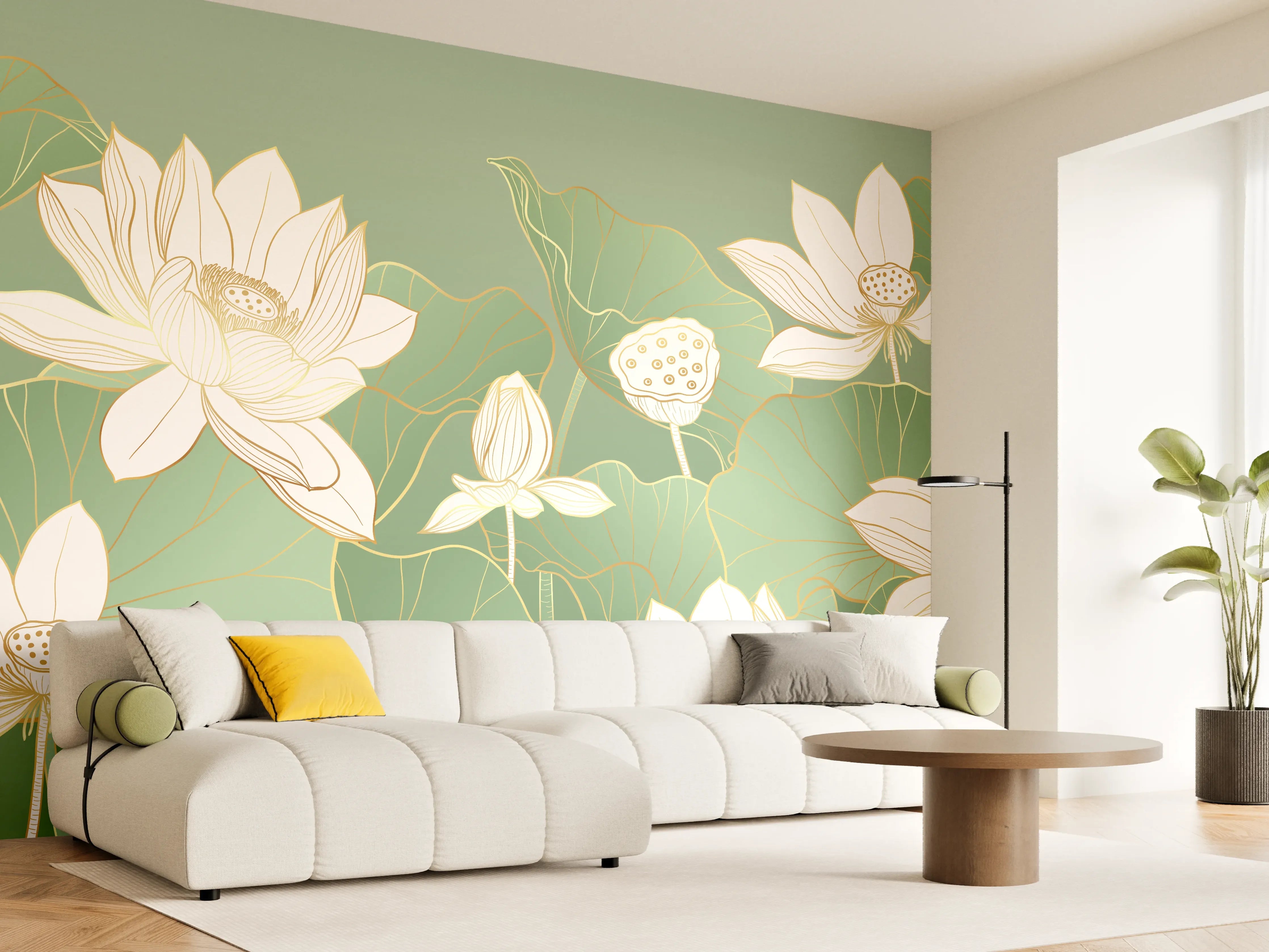Wandverkleidung Wohnzimmer - Elegant Lotus Aquatic Scene mit weißen Blüten