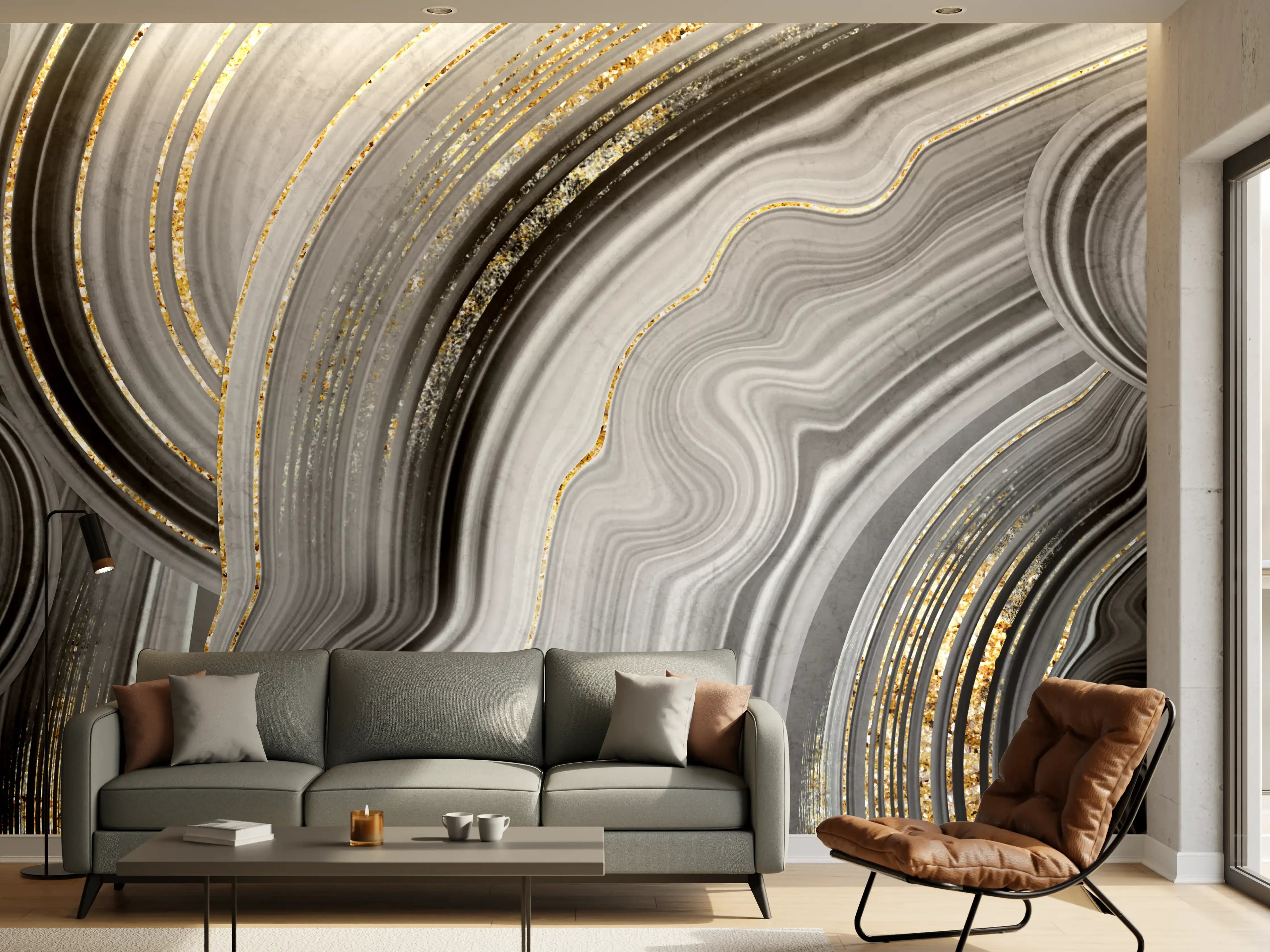 Wandverkleidung Wohnzimmer - Elegant Schwarz-Gold Design mit Grautönen
