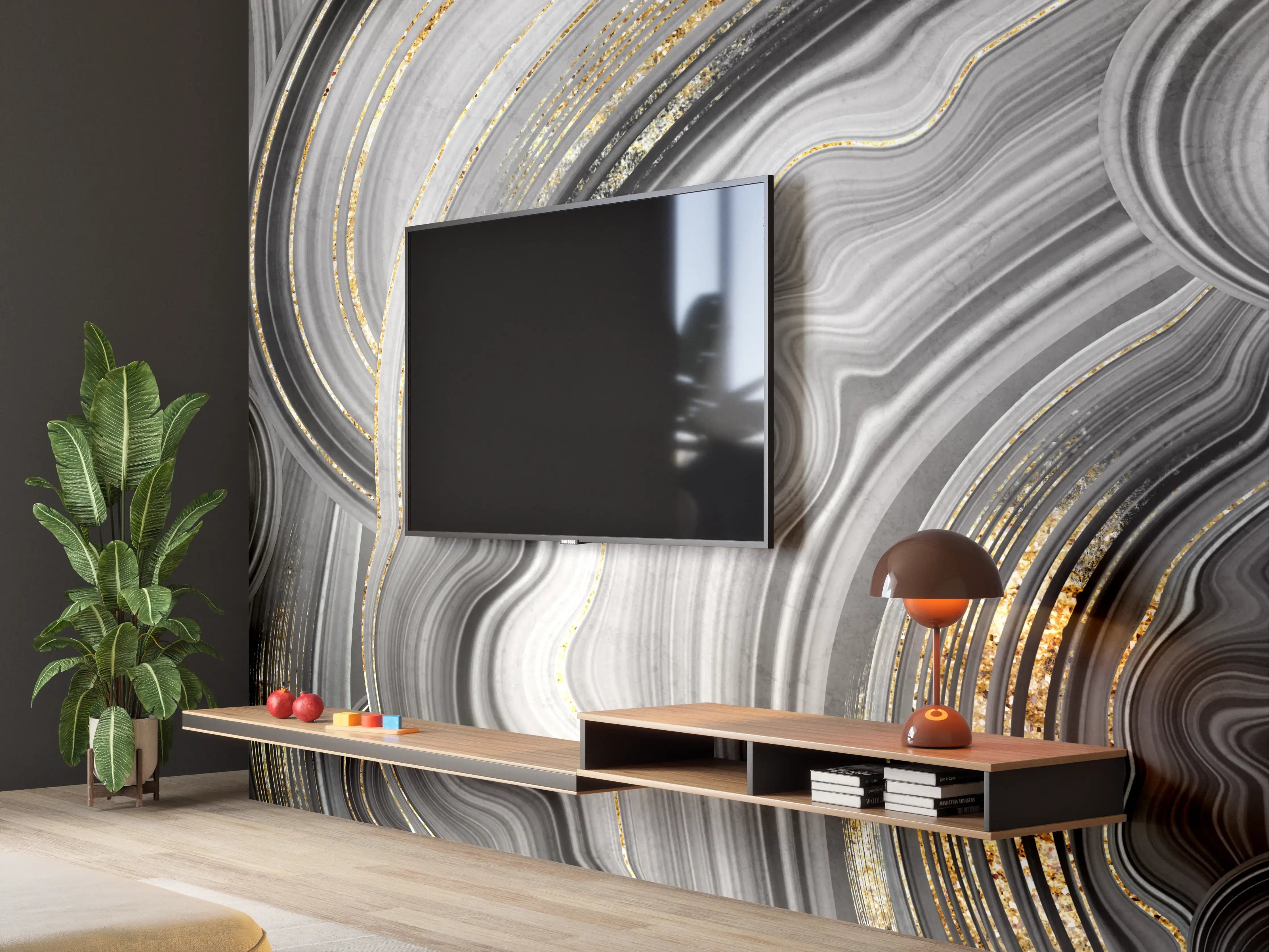 Wandverkleidung Wohnzimmer - Elegant Schwarz-Gold Design mit Grautönen