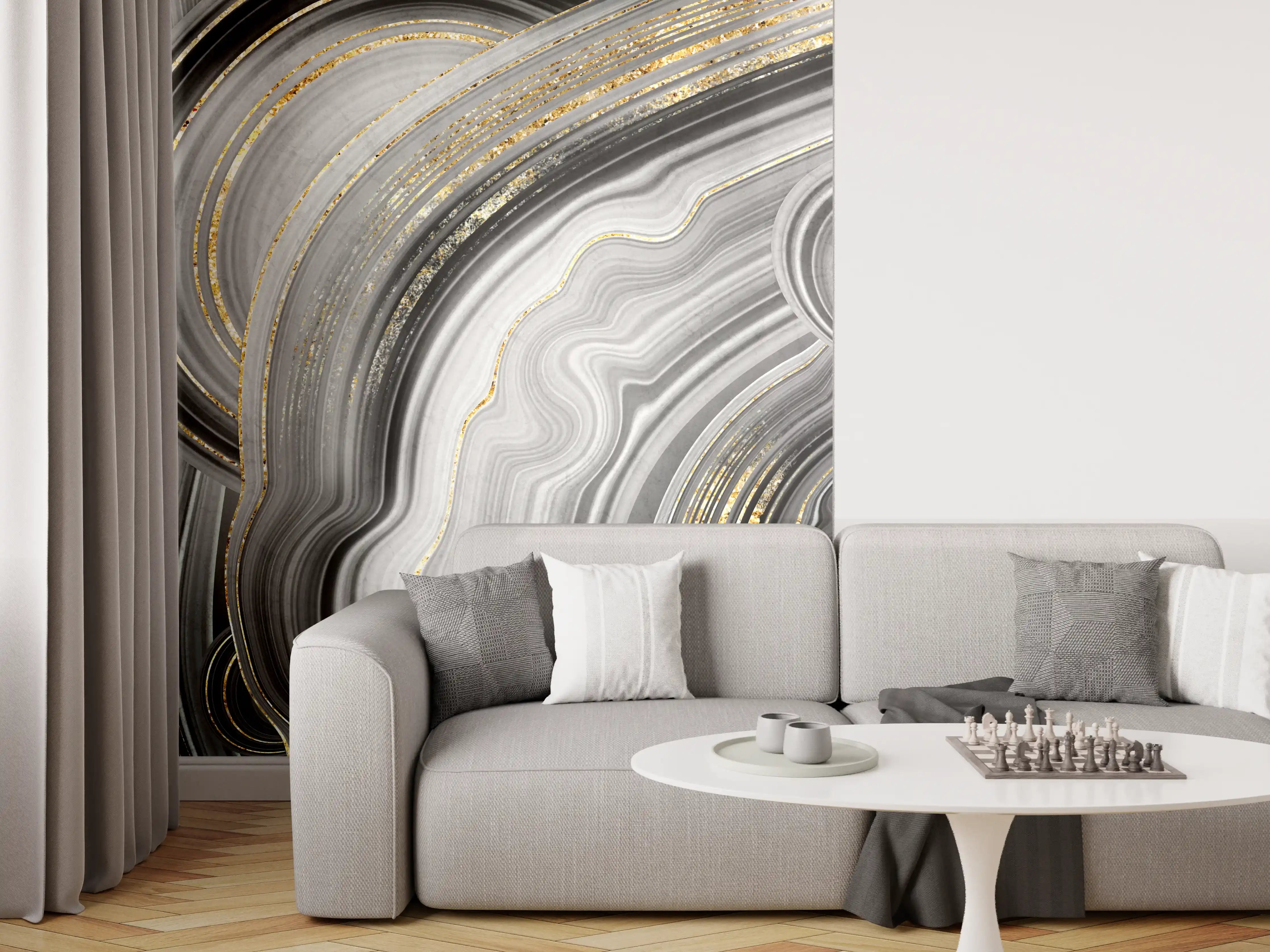 Wandverkleidung Wohnzimmer - Elegant Schwarz-Gold Design mit Grautönen