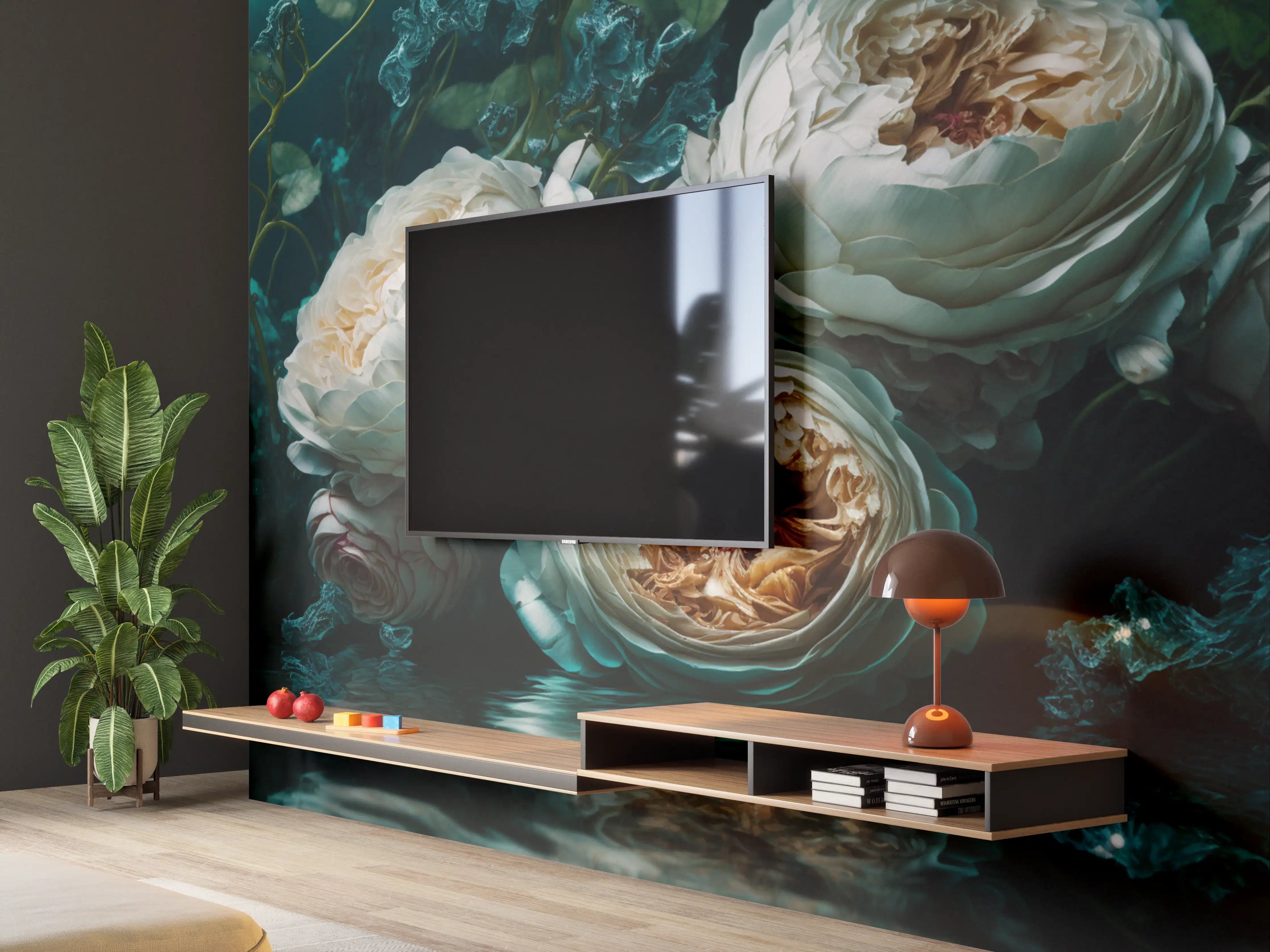 Wandverkleidung Wohnzimmer - Elegant Wasserrosen in dunklem Wasser