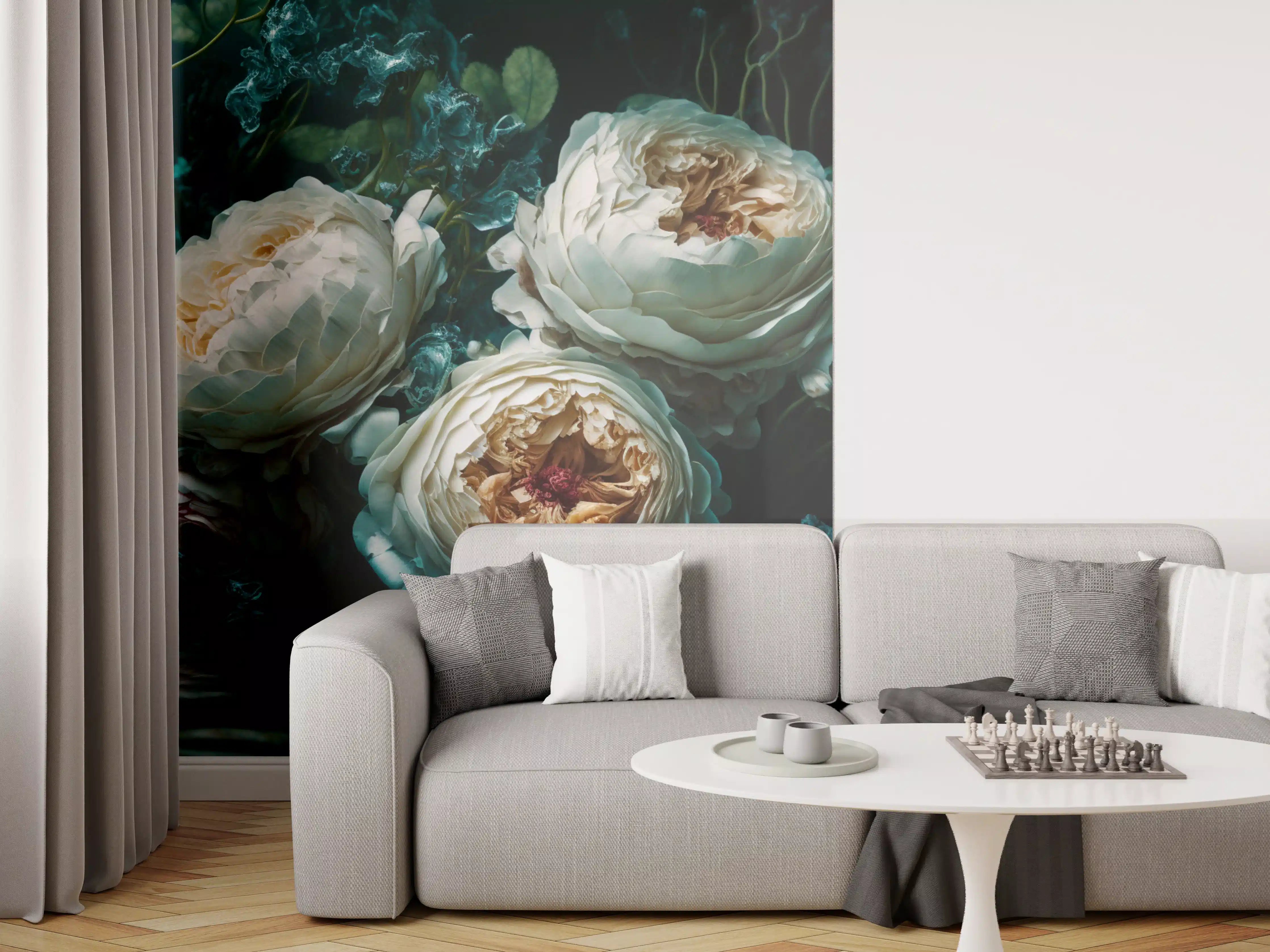 Wandverkleidung Wohnzimmer - Elegant Wasserrosen in dunklem Wasser