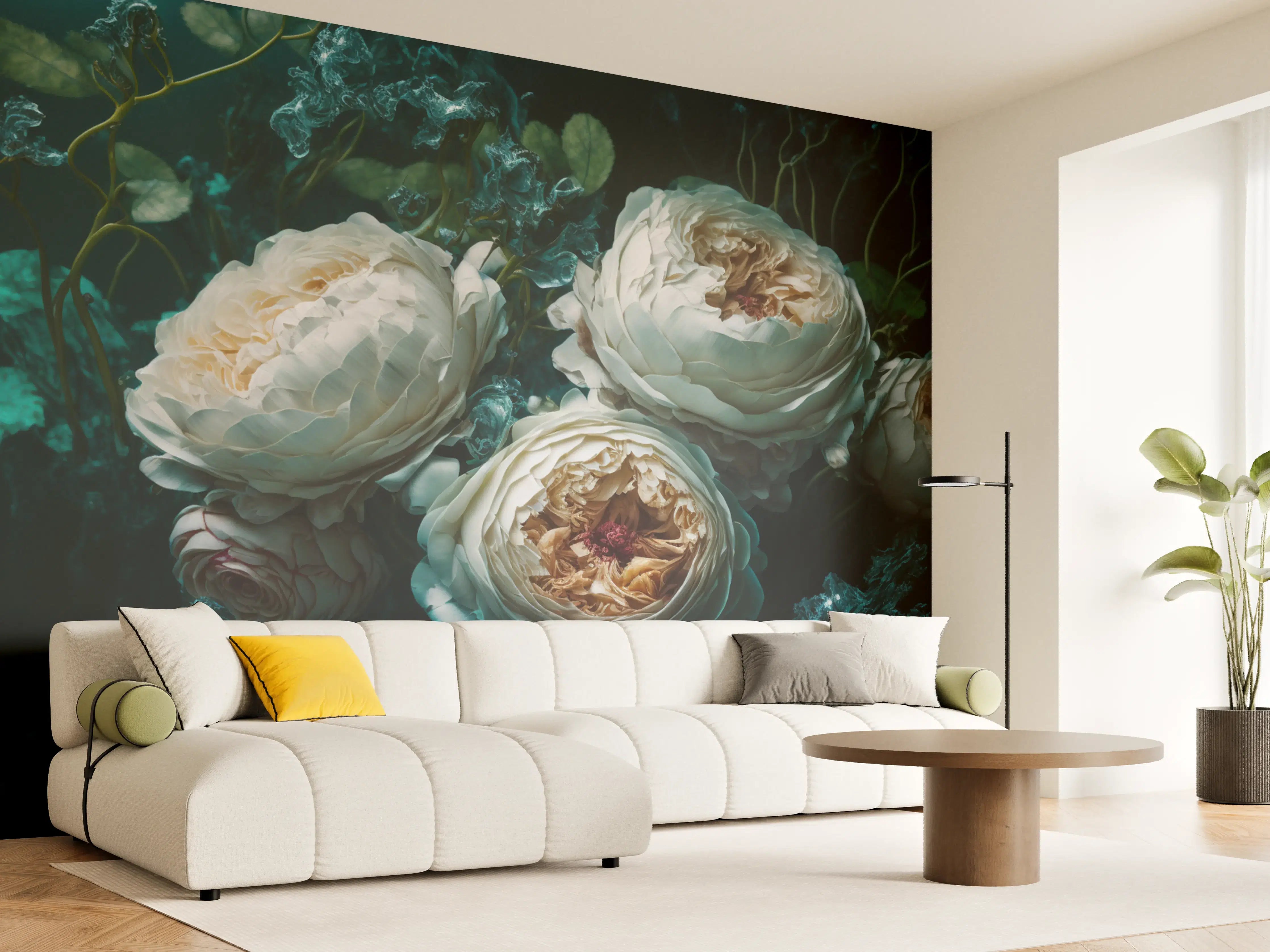 Wandverkleidung Wohnzimmer - Elegant Wasserrosen in dunklem Wasser
