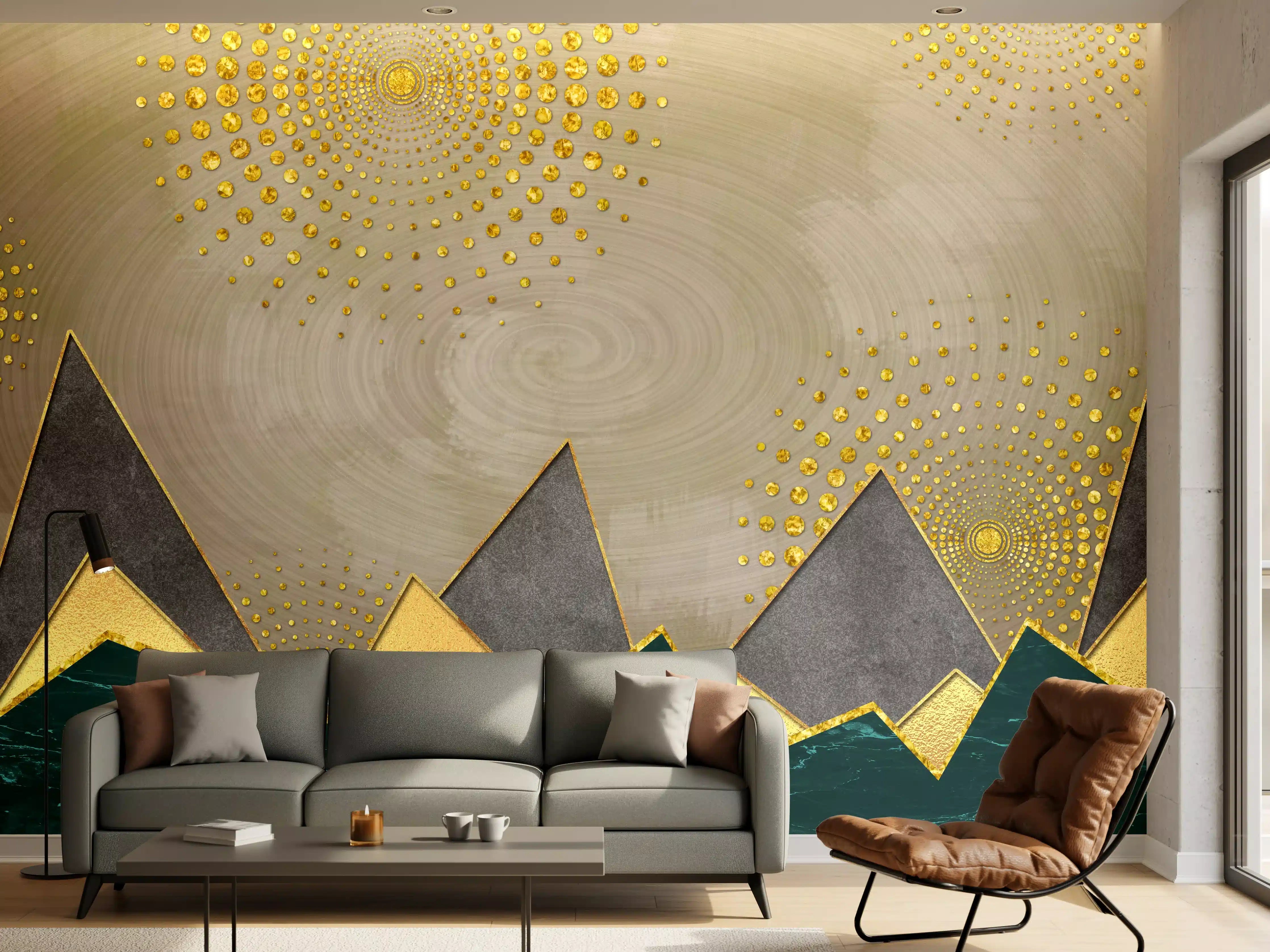 Wandverkleidung Wohnzimmer - Elegant abstrakte Kunst mit Goldakzenten