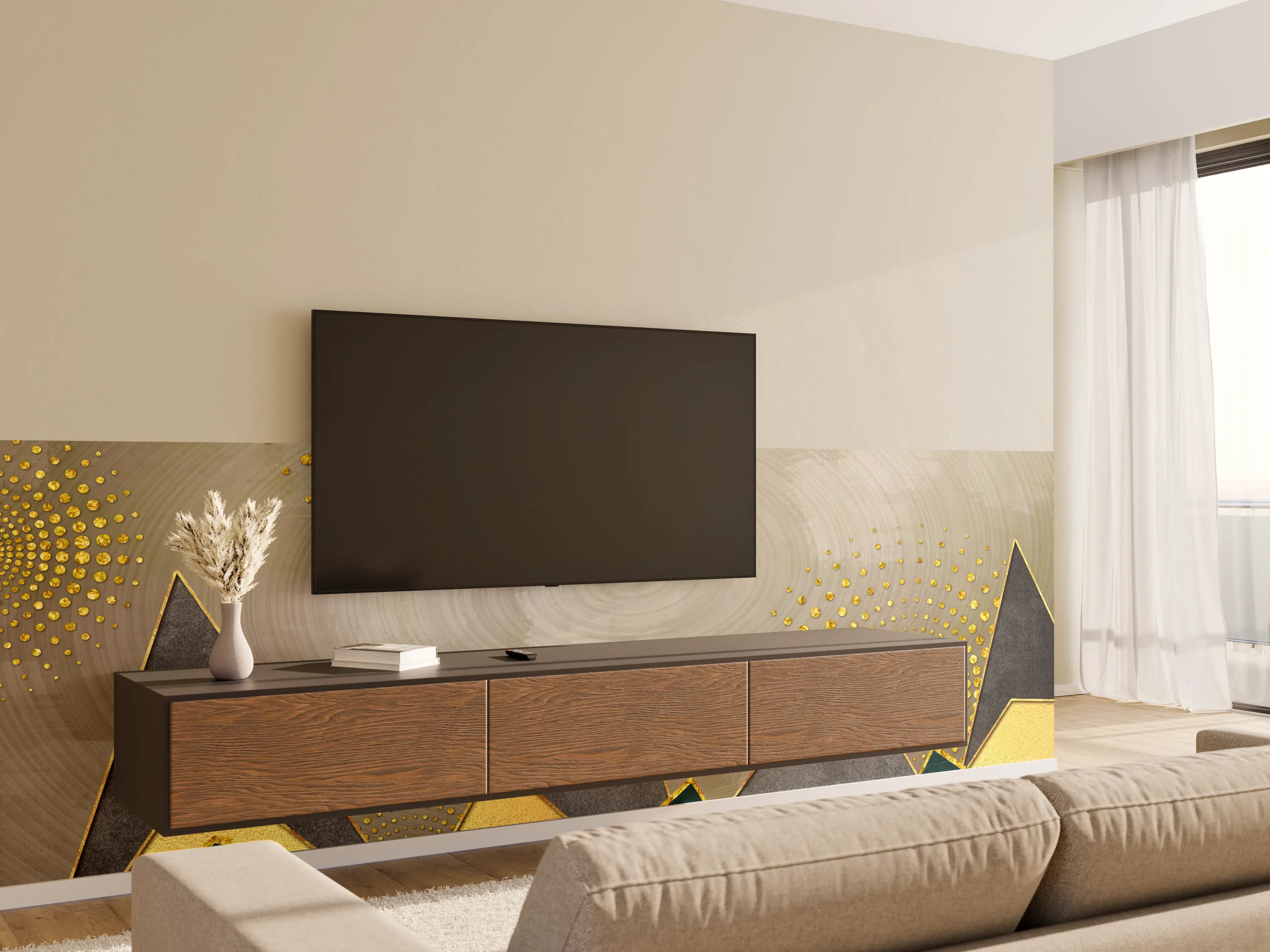 Wandverkleidung Wohnzimmer - Elegant abstrakte Kunst mit Goldakzenten
