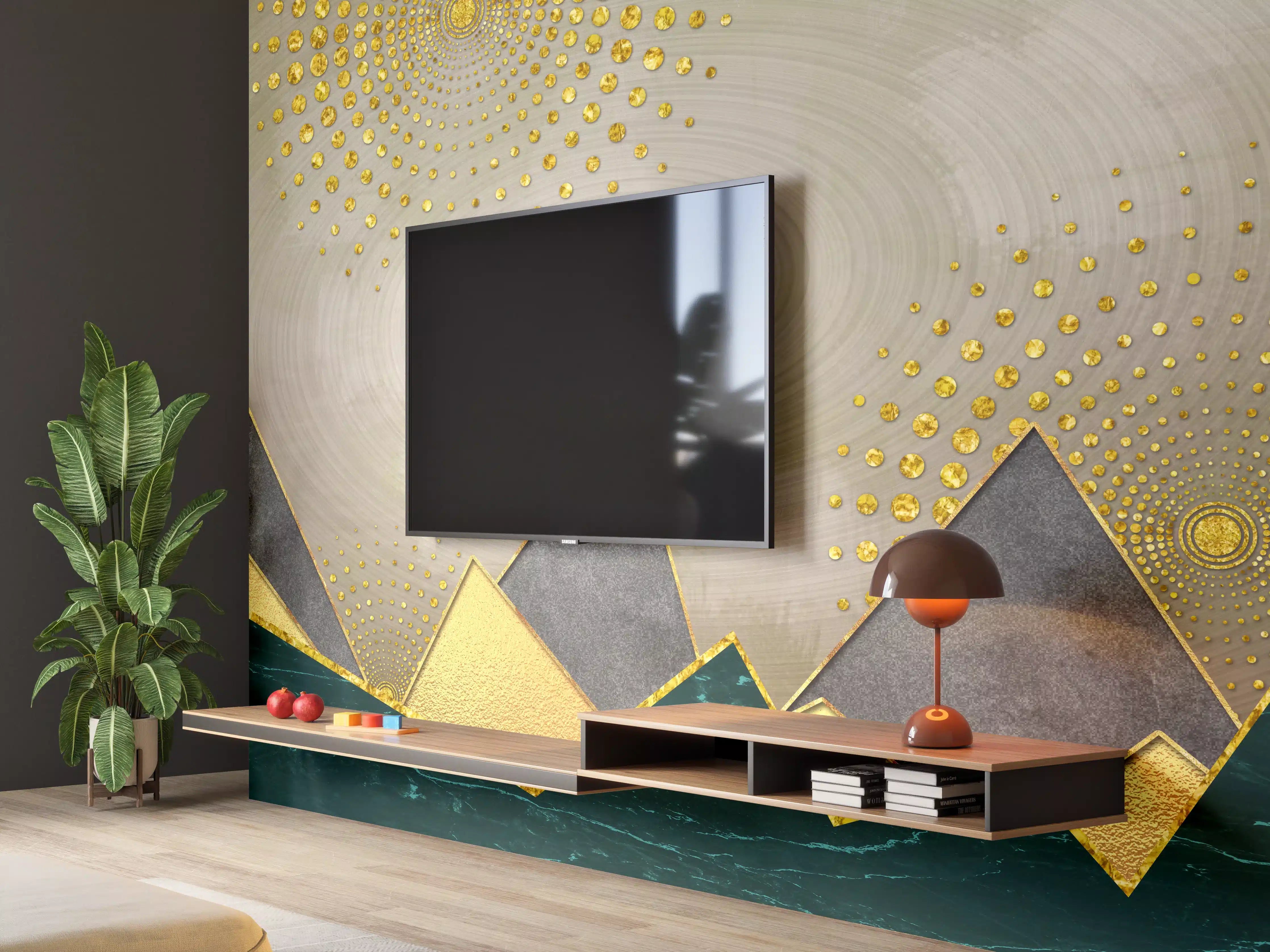 Wandverkleidung Wohnzimmer - Elegant abstrakte Kunst mit Goldakzenten