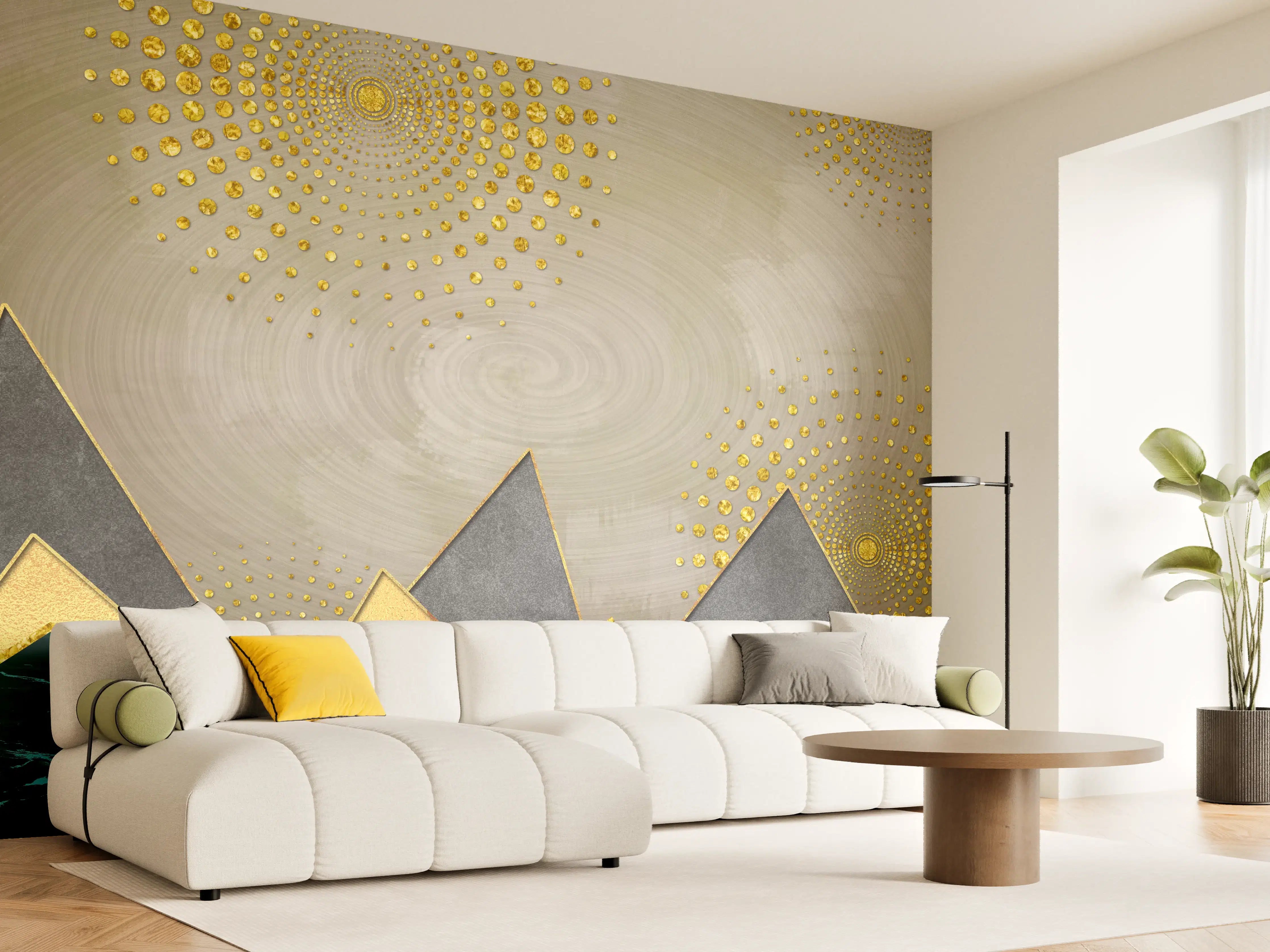 Wandverkleidung Wohnzimmer - Elegant abstrakte Kunst mit Goldakzenten