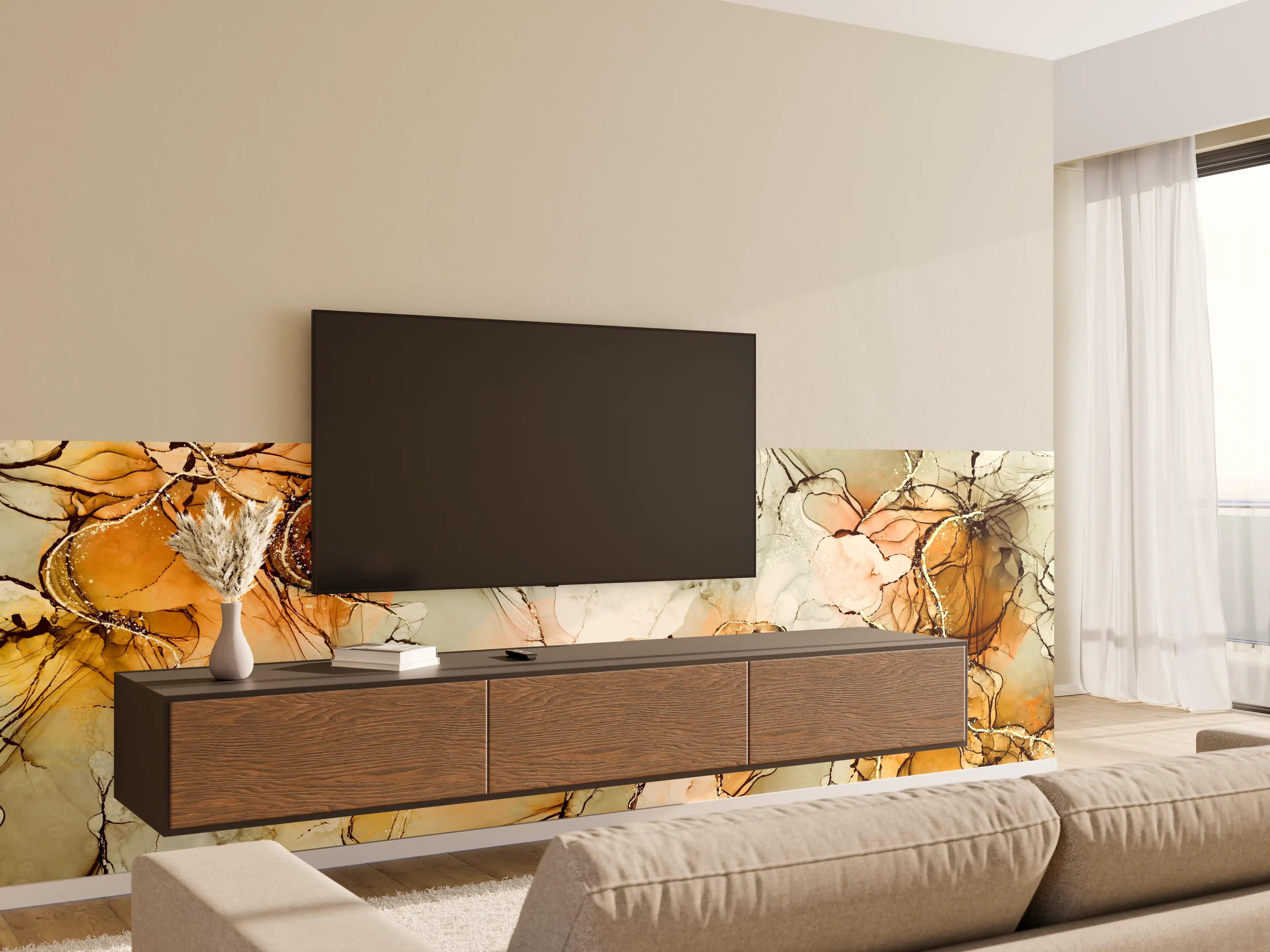 Wandverkleidung Wohnzimmer - Elegant abstraktes Kunstwerk in warmen Tönen