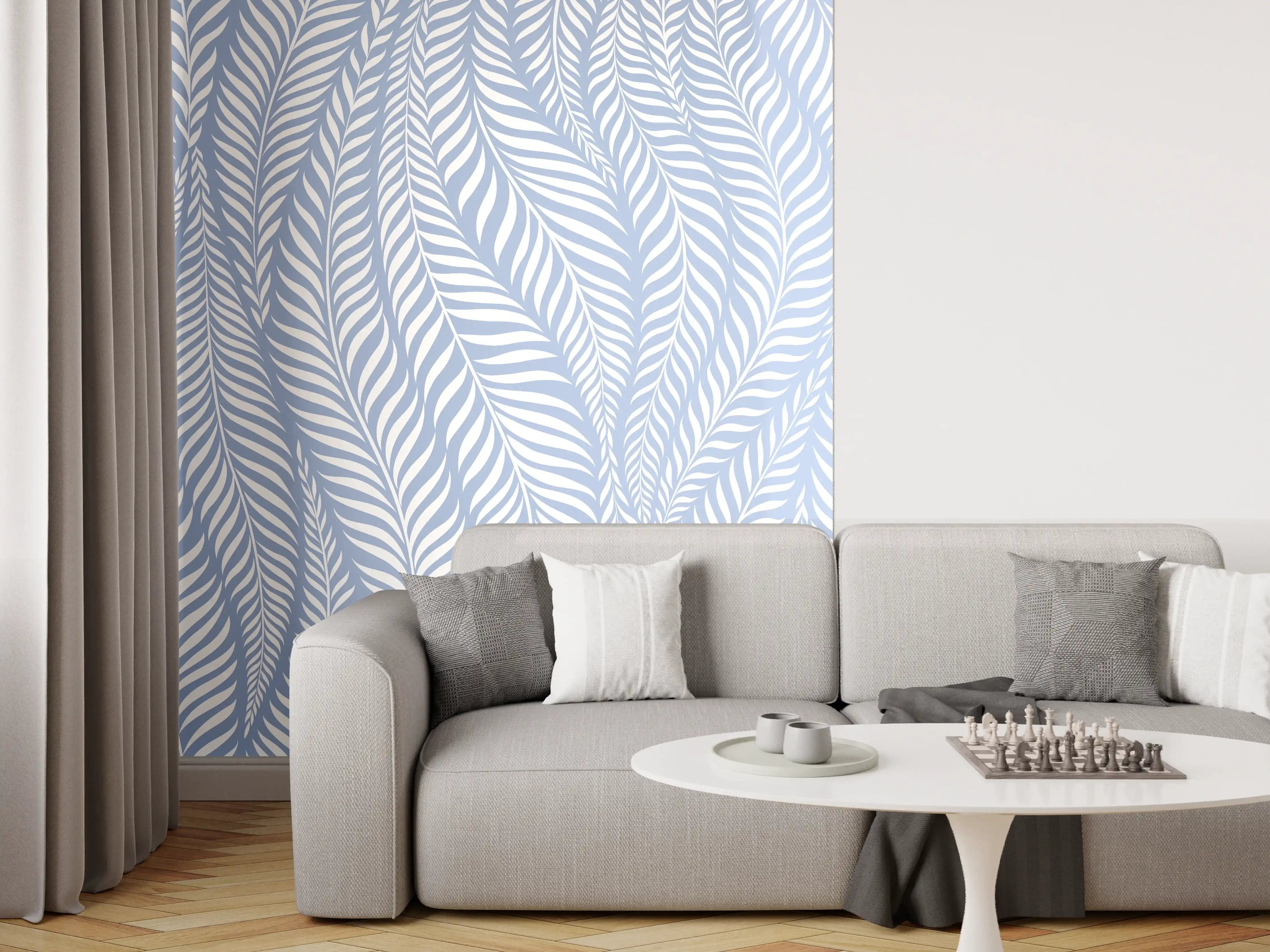 Wandverkleidung Wohnzimmer - Elegant blauer Blätter-Print
