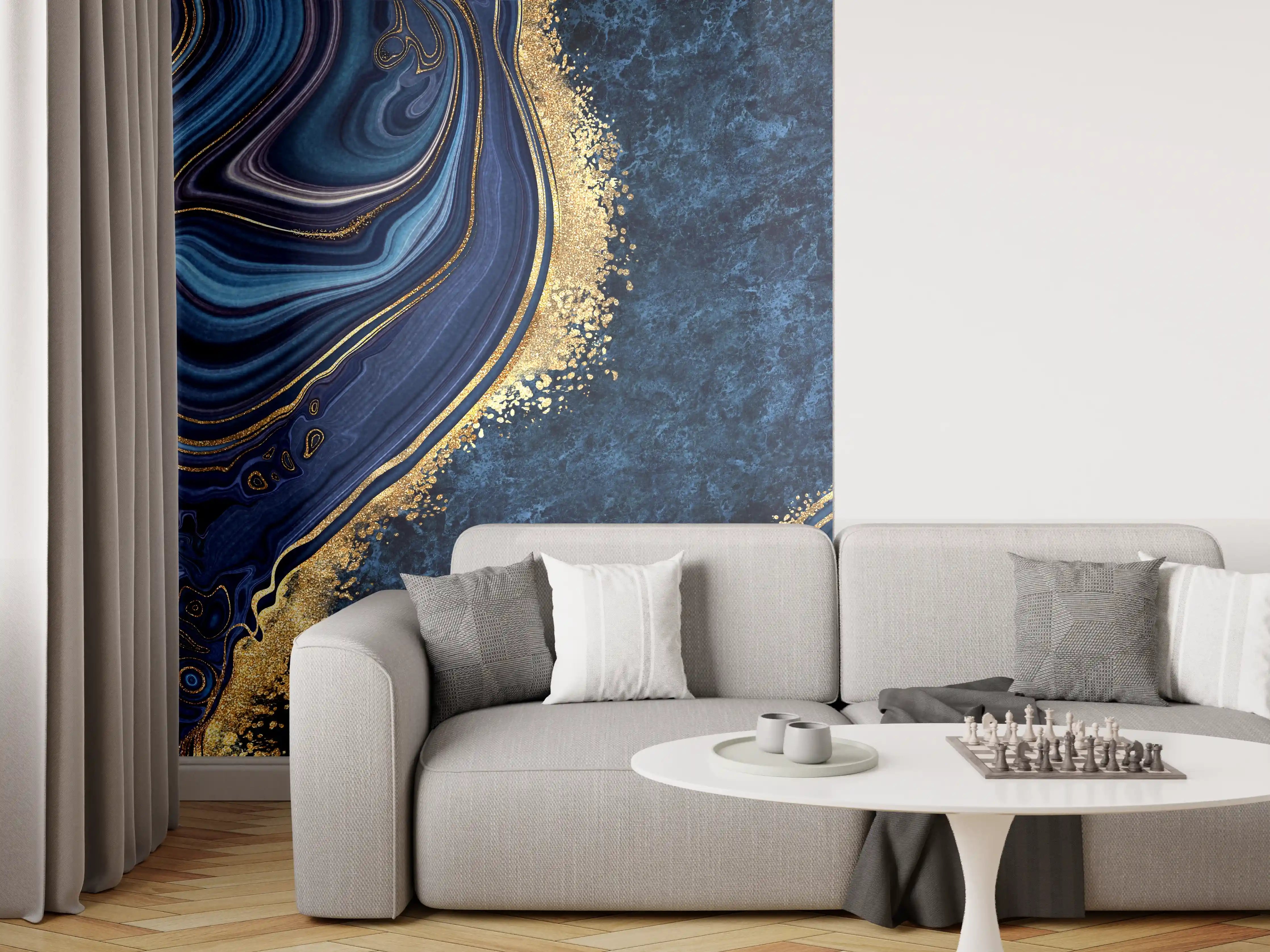 Wandverkleidung Wohnzimmer - Elegant blauer Marbledesign mit Goldakzenten