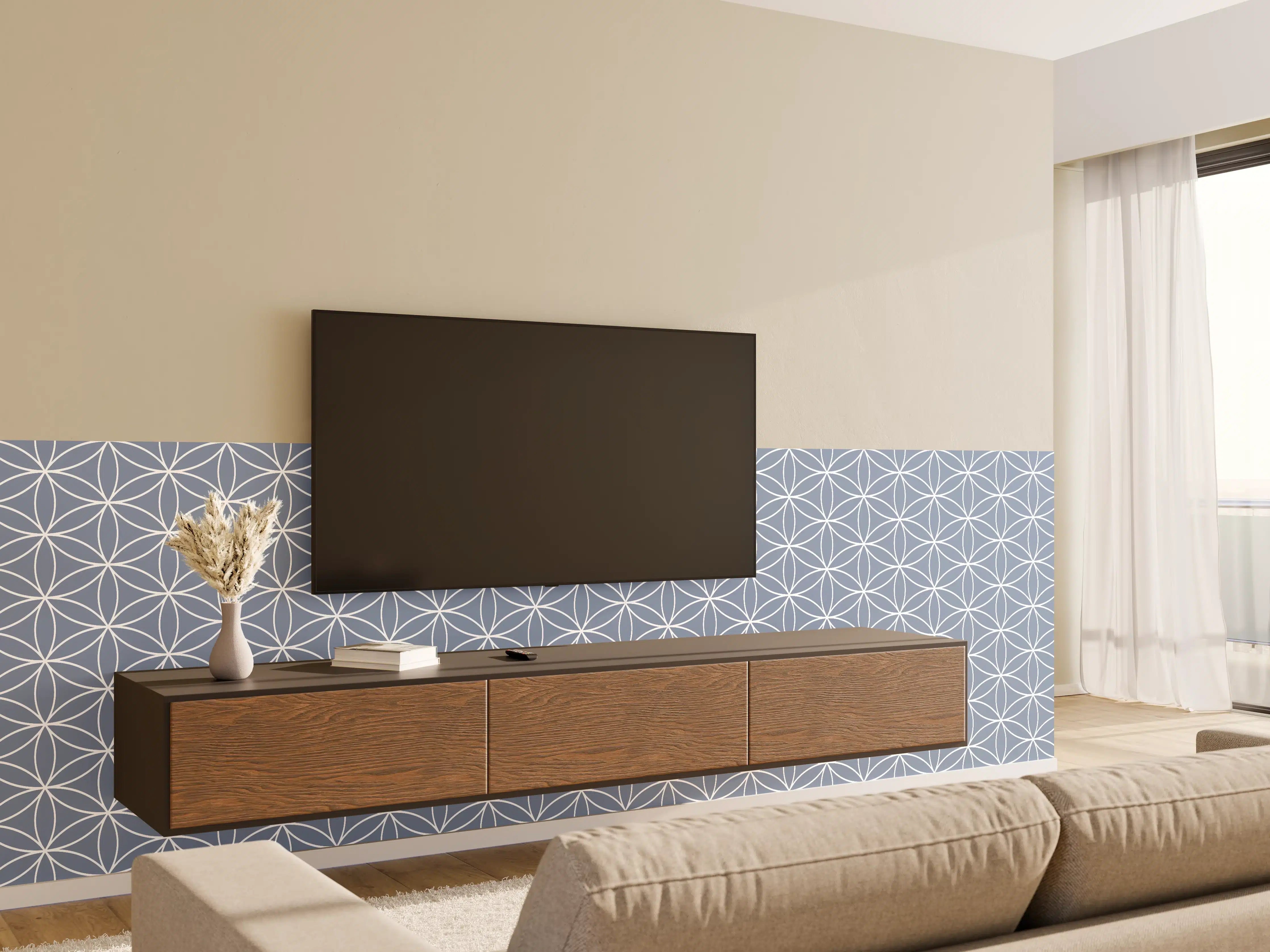 Wandverkleidung Wohnzimmer - Elegant geometrisches Muster in Blau und Weiß