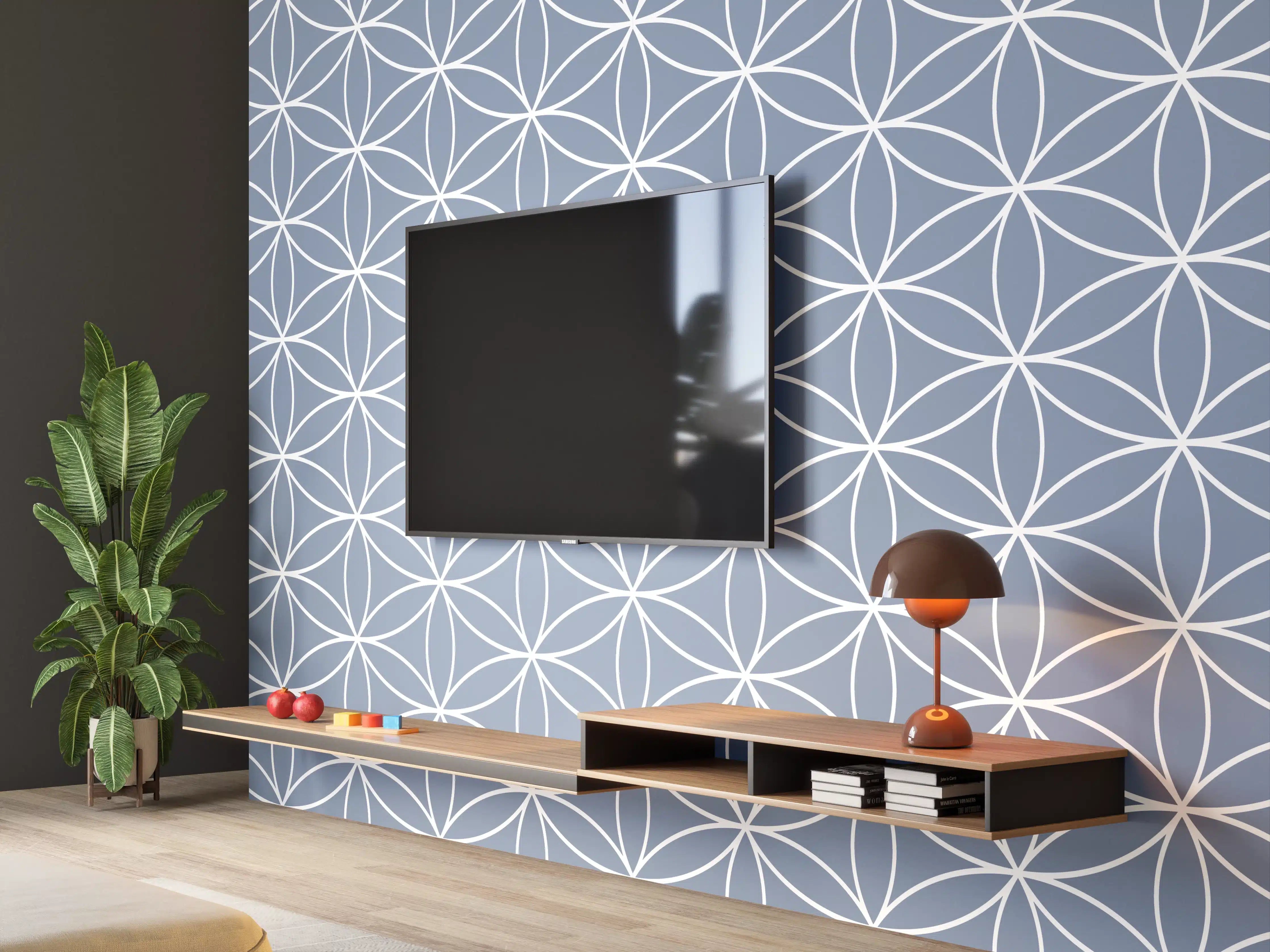 Wandverkleidung Wohnzimmer - Elegant geometrisches Muster in Blau und Weiß