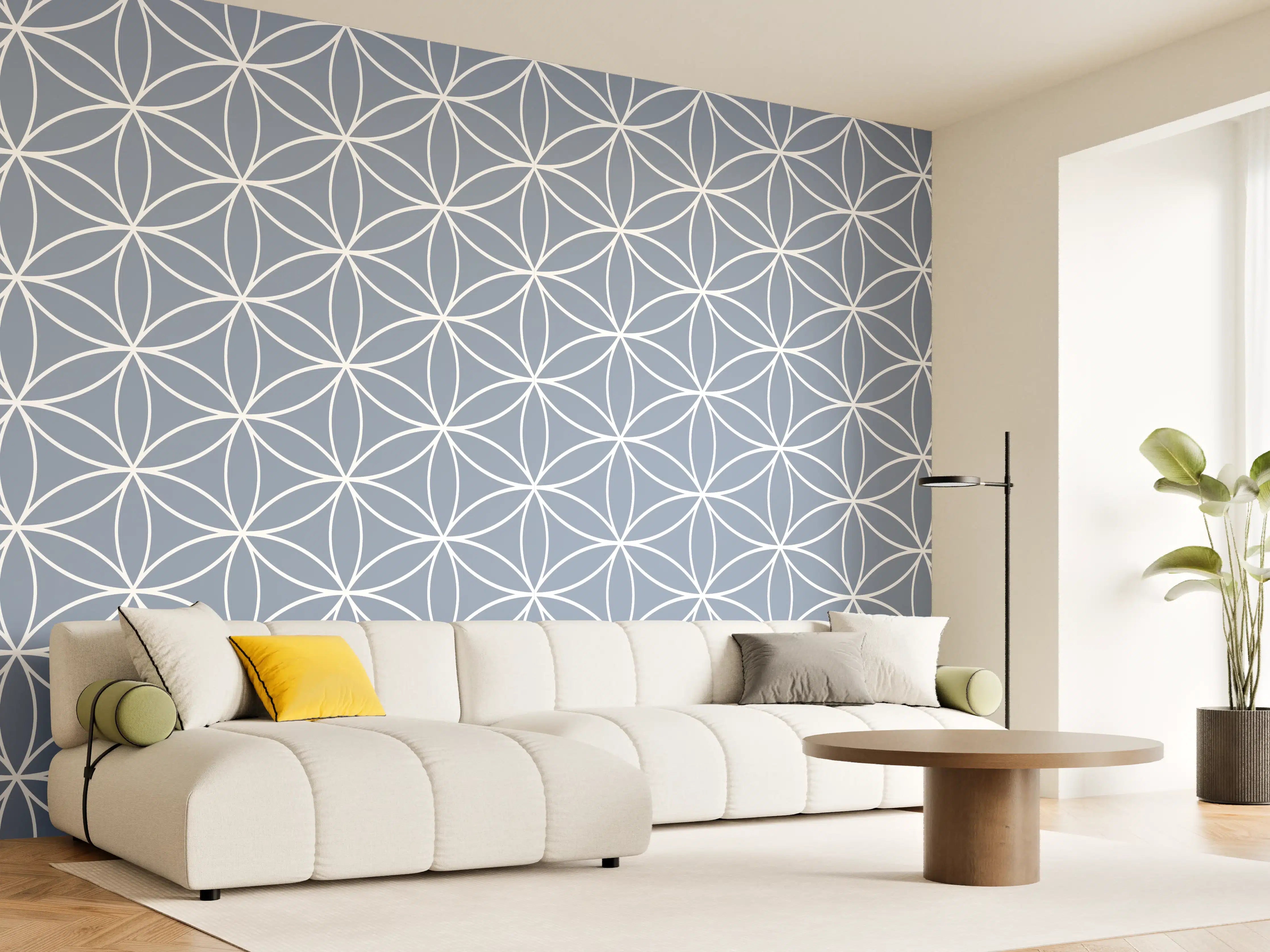 Wandverkleidung Wohnzimmer - Elegant geometrisches Muster in Blau und Weiß